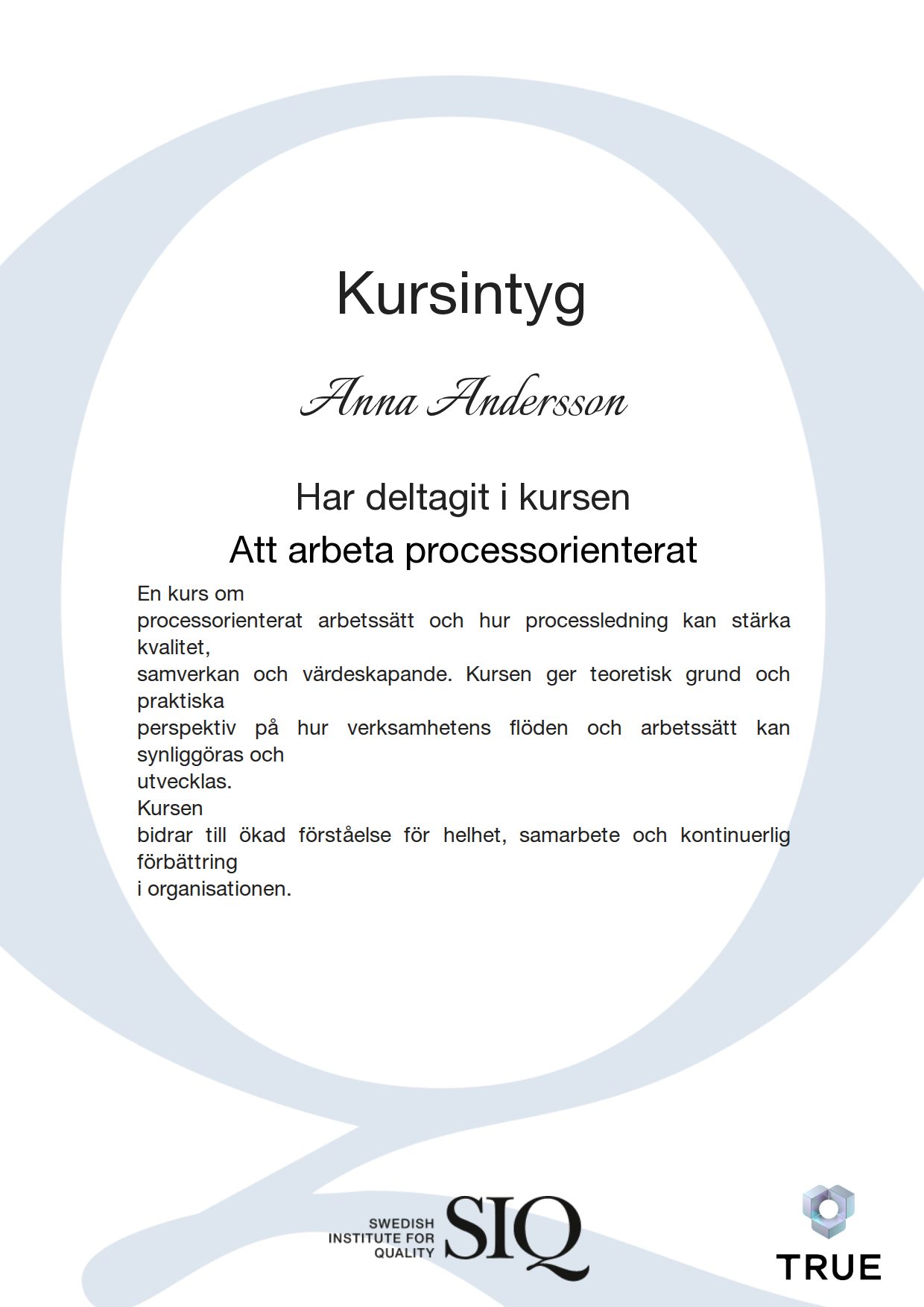 Exempel: diplom för Att arbeta processorienterat från SIQ - Institutet för Kvalitetsutveckling