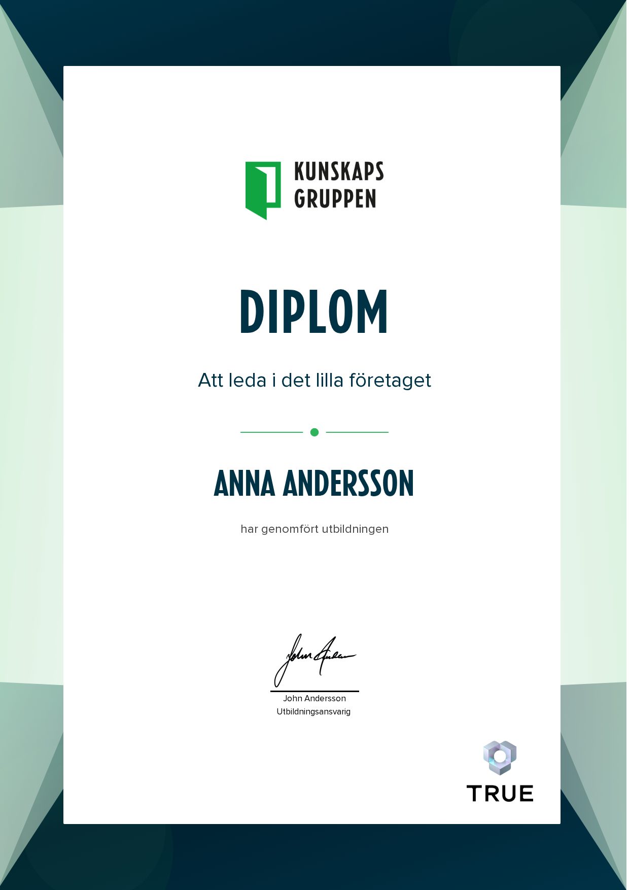 Exempel: diplom för Att leda i det lilla företaget från Kunskapsgruppen
