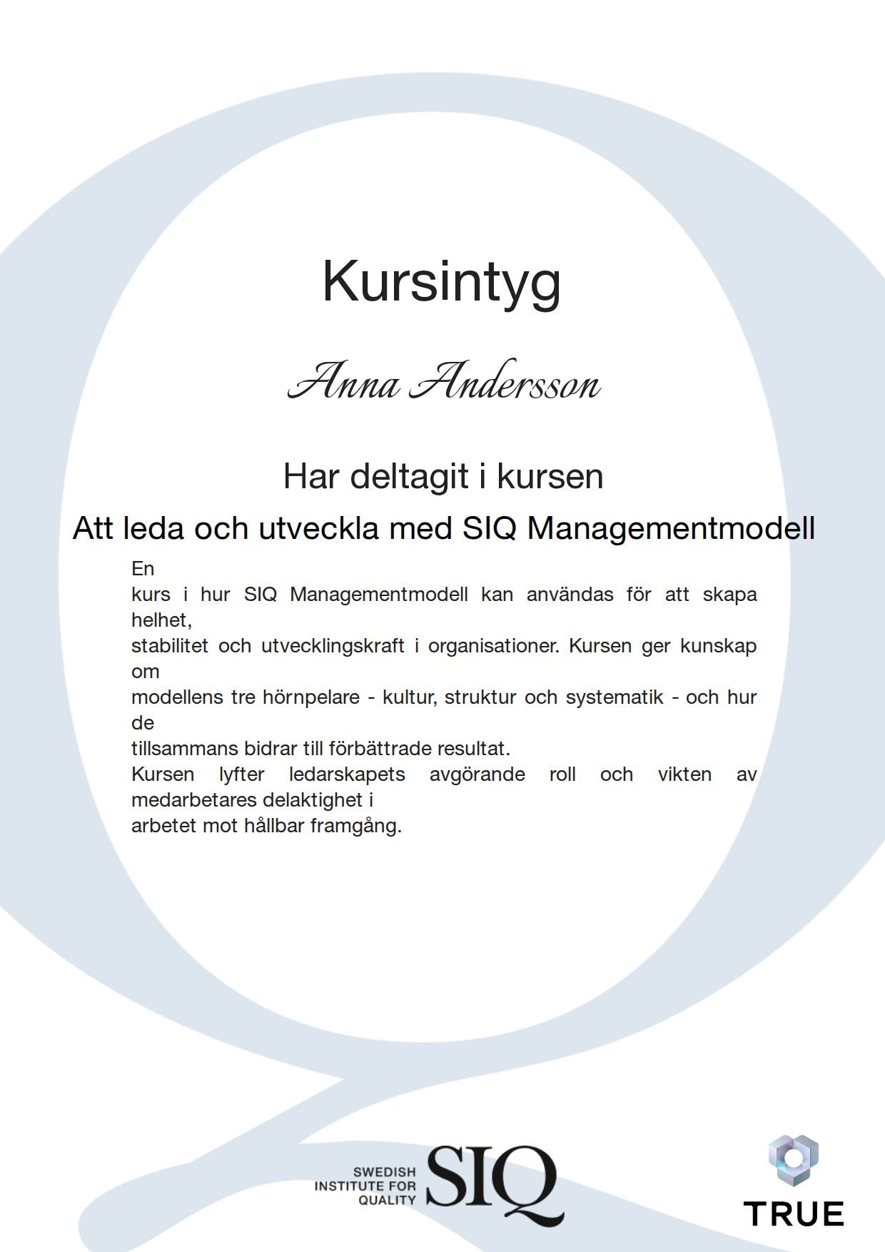 Exempel: diplom för Att leda och utveckla med SIQ Managementmodell från SIQ - Institutet för Kvalitetsutveckling
