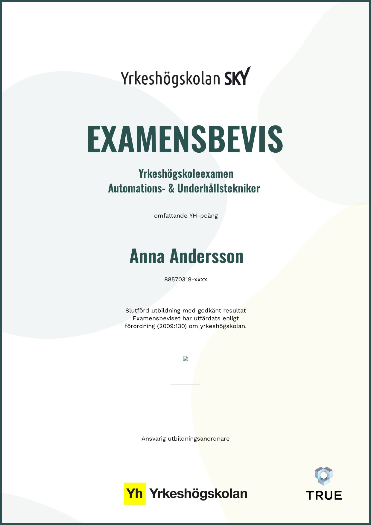 Example certificate for Automations- & Underhållstekniker from Yrkeshögskolan SKY