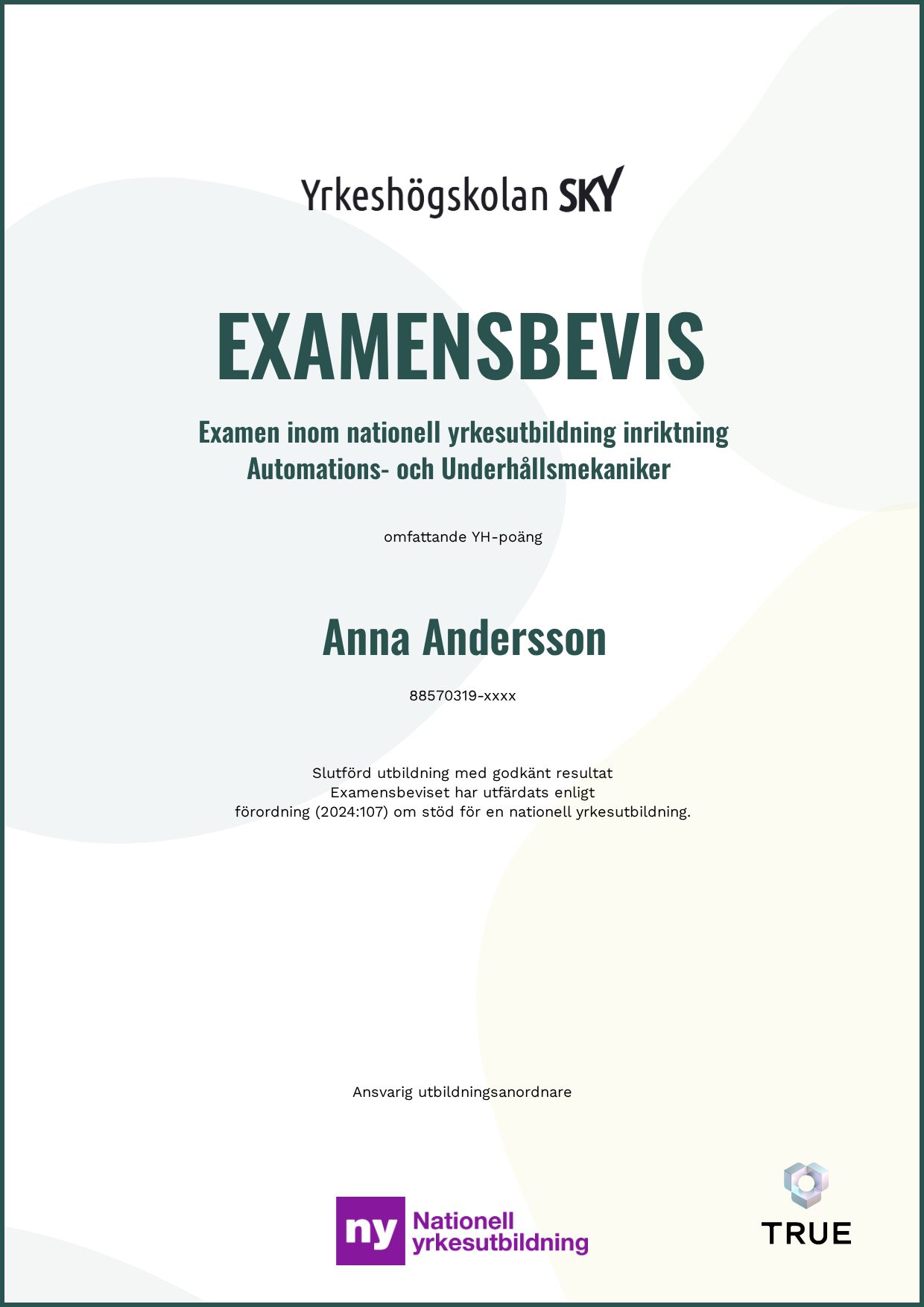 Exempel: diplom för Automations- och Underhållsmekaniker från Yrkeshögskolan SKY