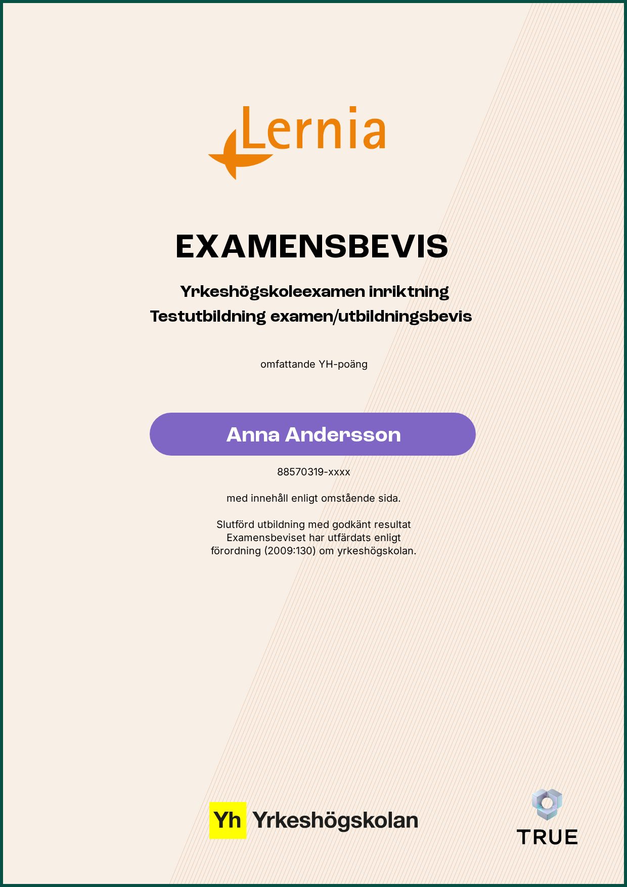 Exempel: diplom för Automationstekniker - drift och underhåll av digitala produktionssystem från Lernia Utbildning