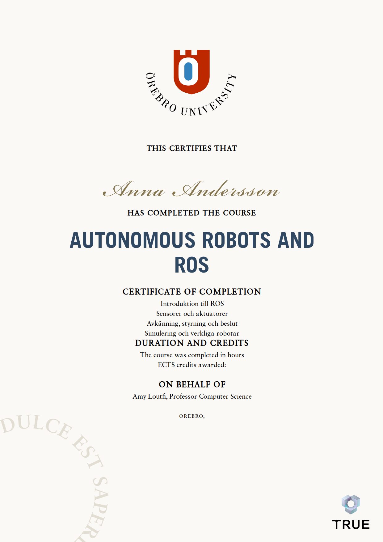 Exempel: diplom för Autonomous Robots and ROS från Örebro universitet