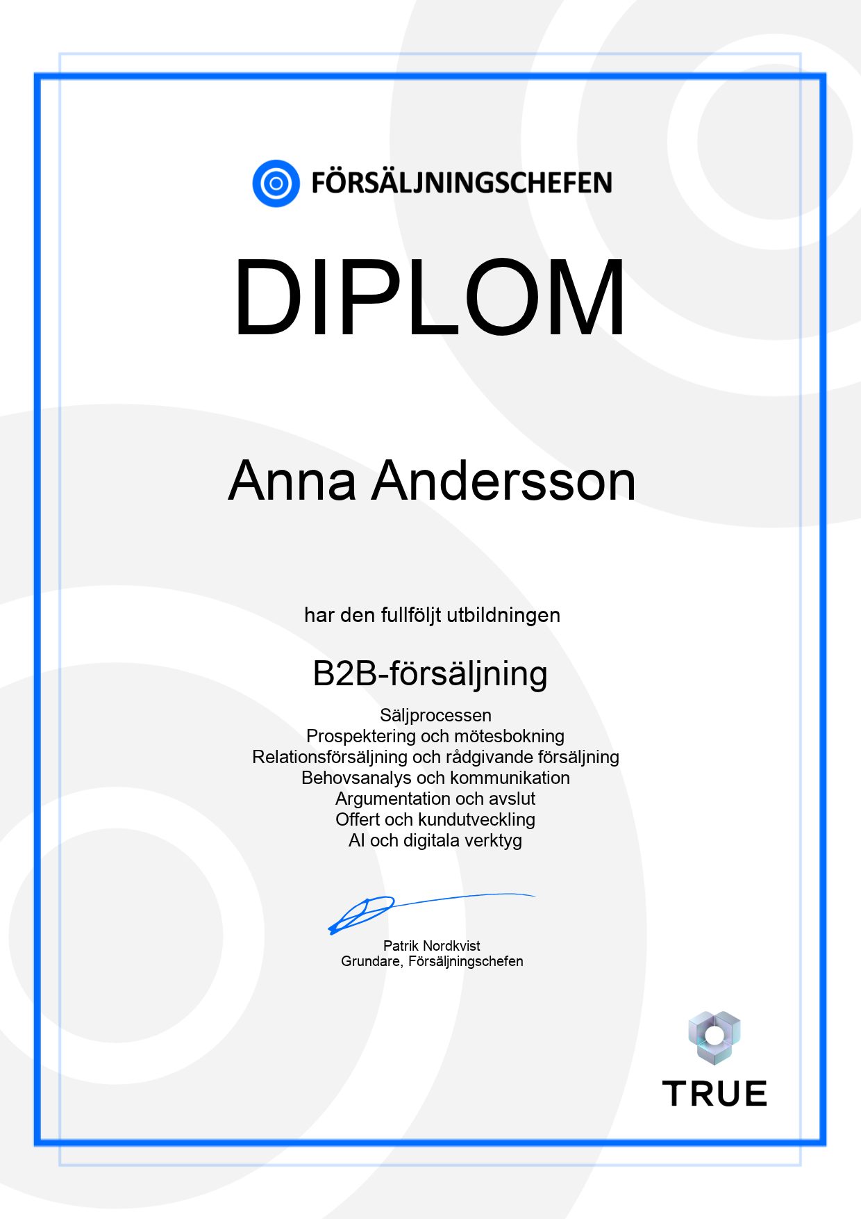 Example certificate for B2B-försäljning from Försäljningschefen