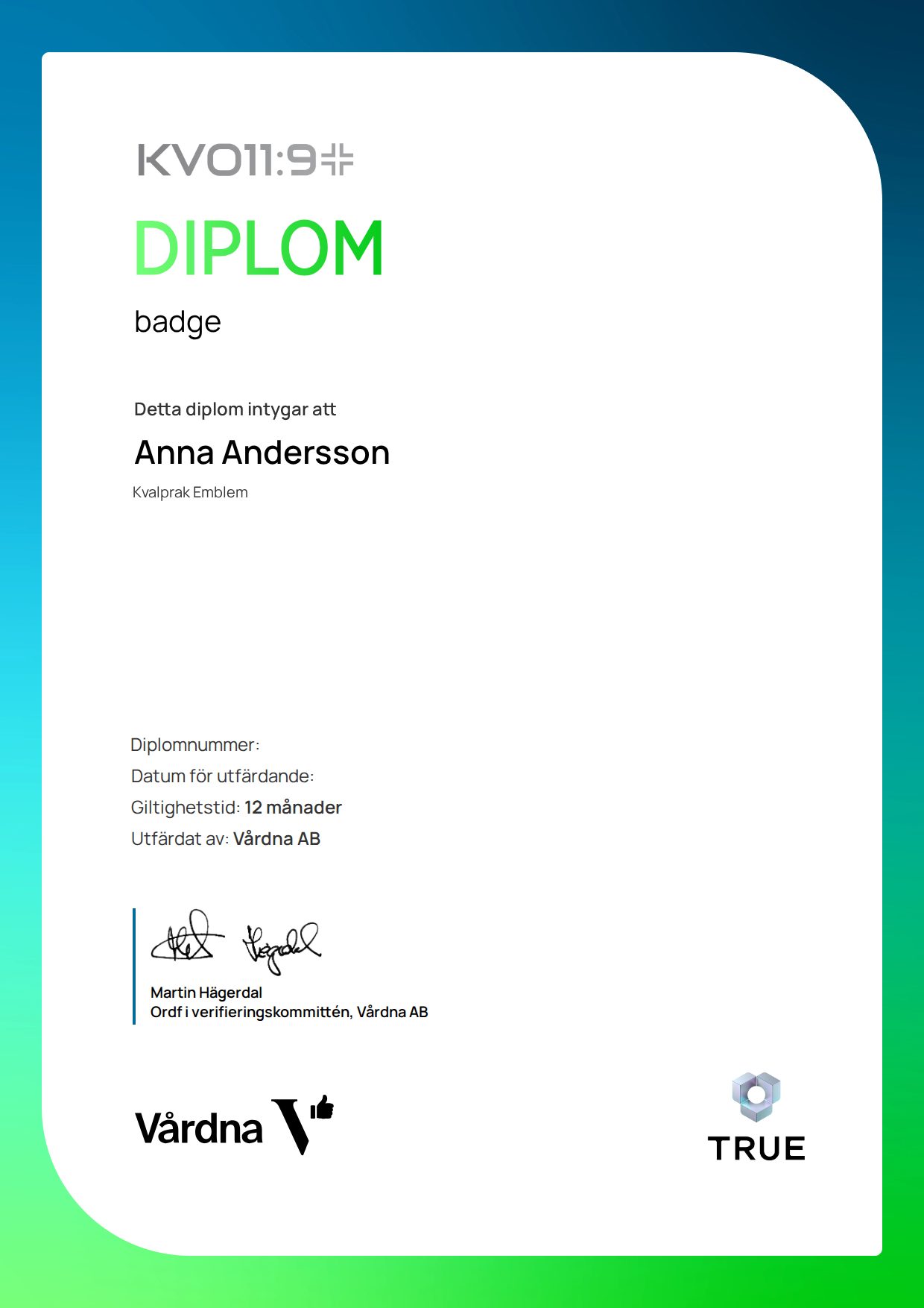 Example certificate for badge from Vårdna (Kvalprak KVO)