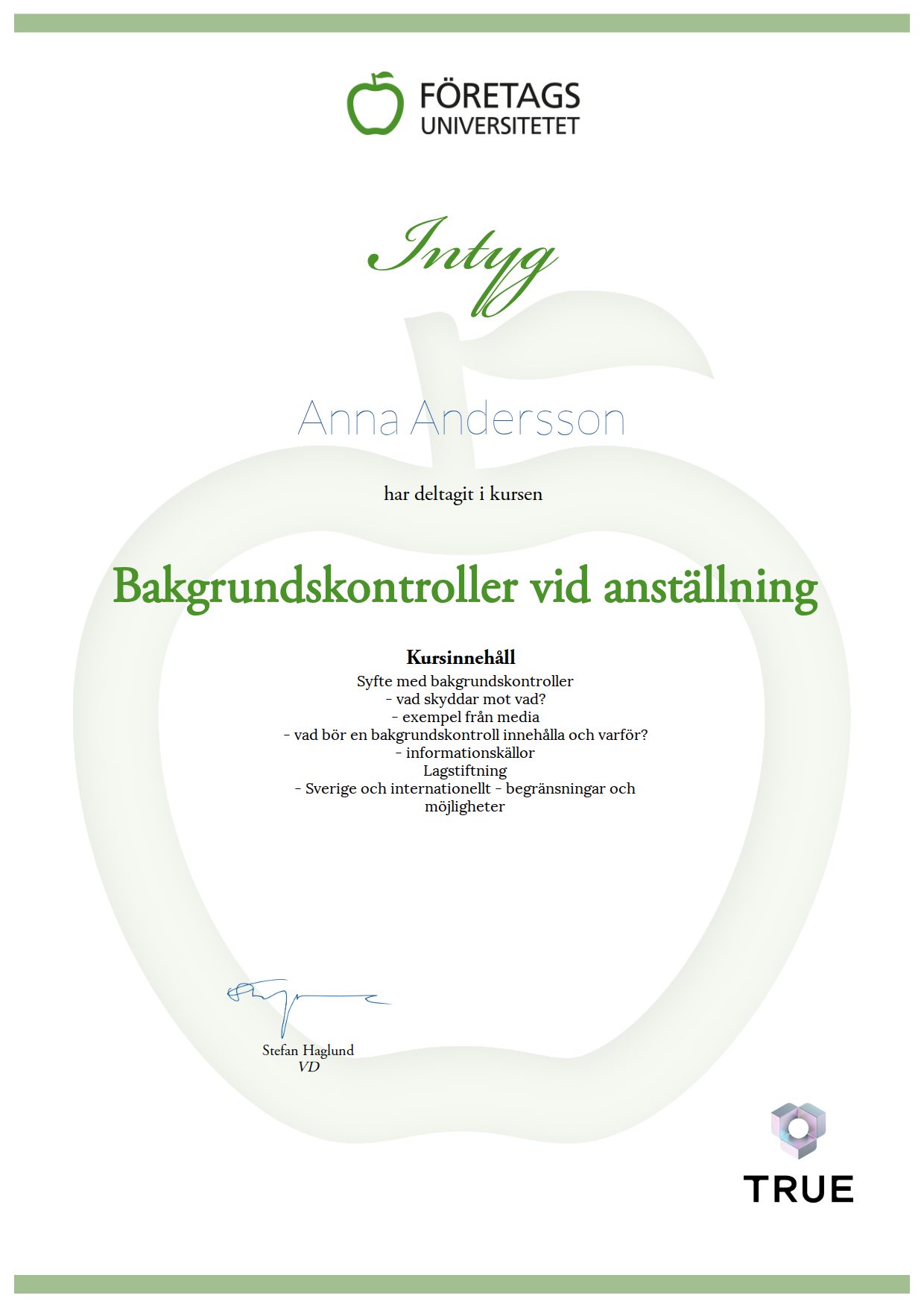 Exempel: diplom för Bakgrundskontroller vid anställning från Företagsuniversitetet