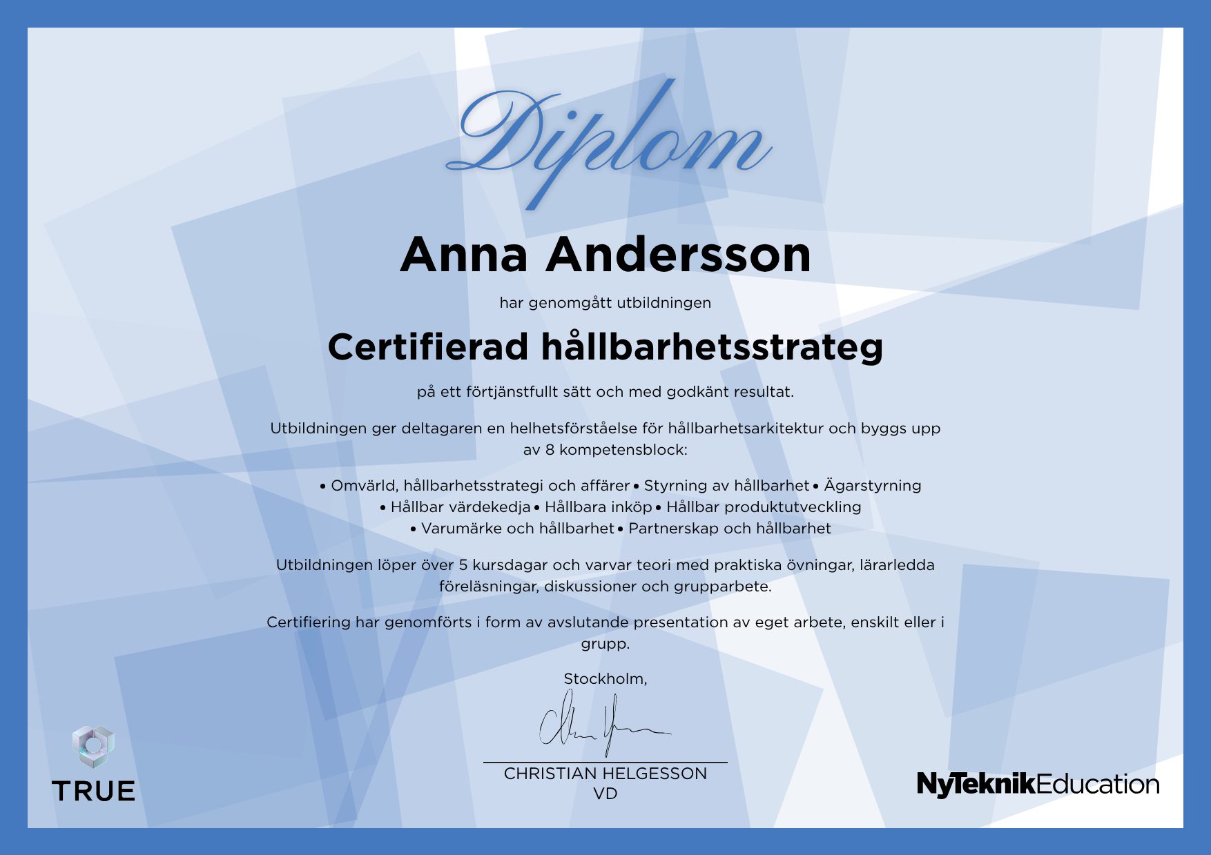 Example certificate for Balans- och flexibilitetsmarknader i Norden from Ny Teknik Education