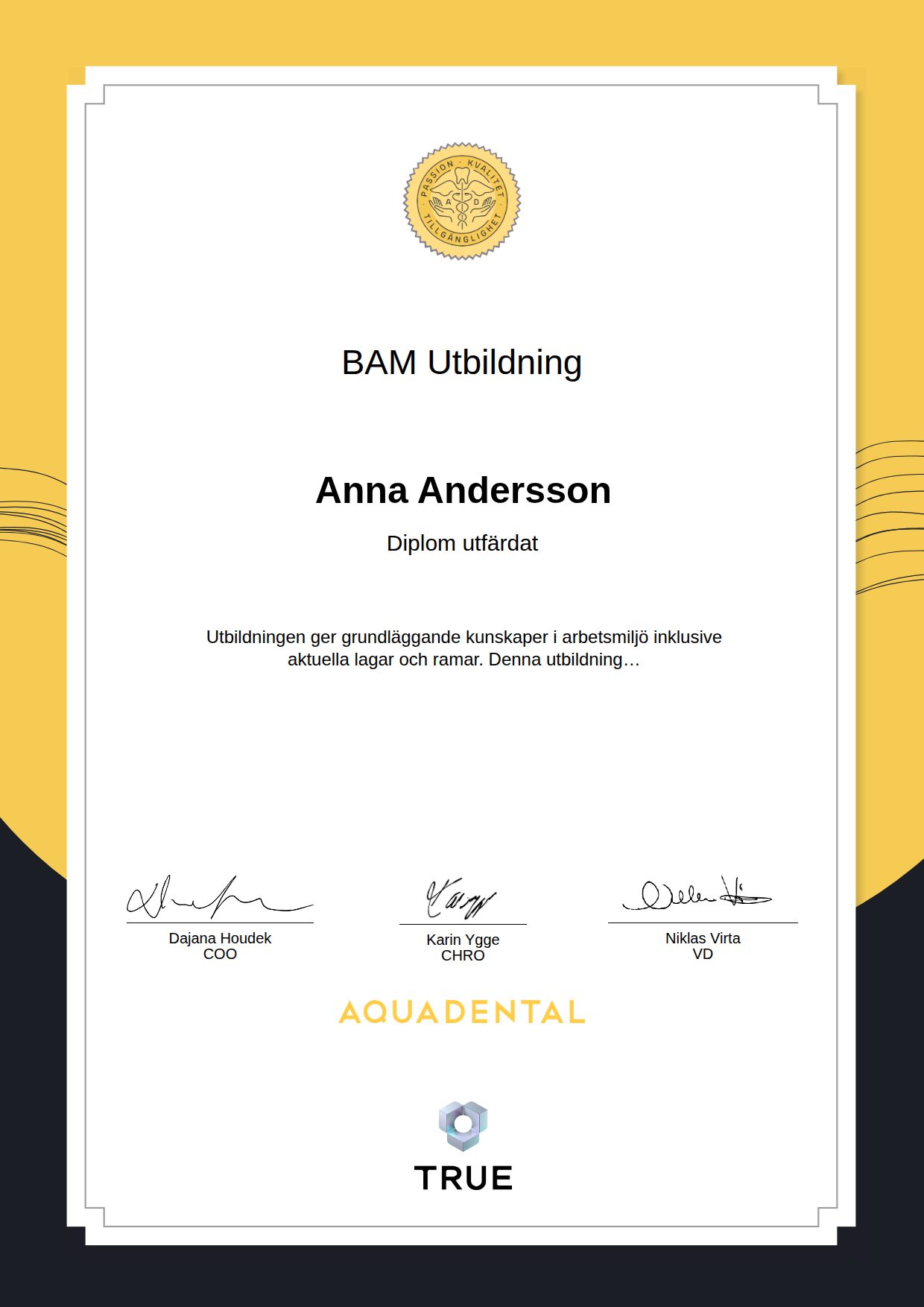 Exempel: diplom för BAM Utbildning från Aqua Dental
