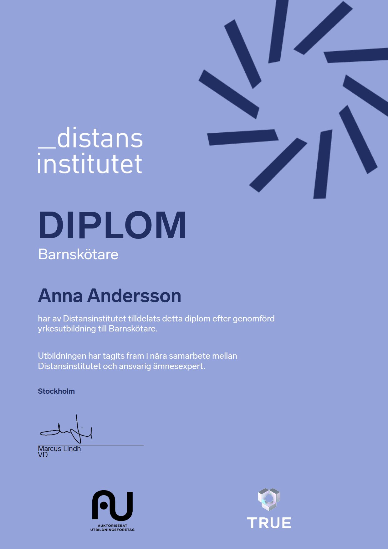 Exempel: diplom för Barnskötare från Distansinstitutet Sverige AB