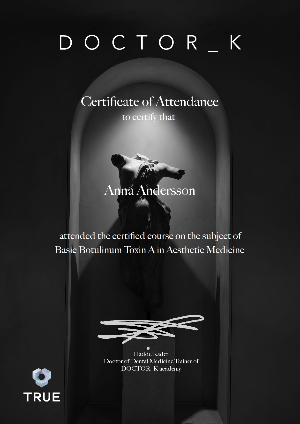 Example certificate for Basic Botulinum Toxin A in Aesthetic Medicine from DOCTOR_K
