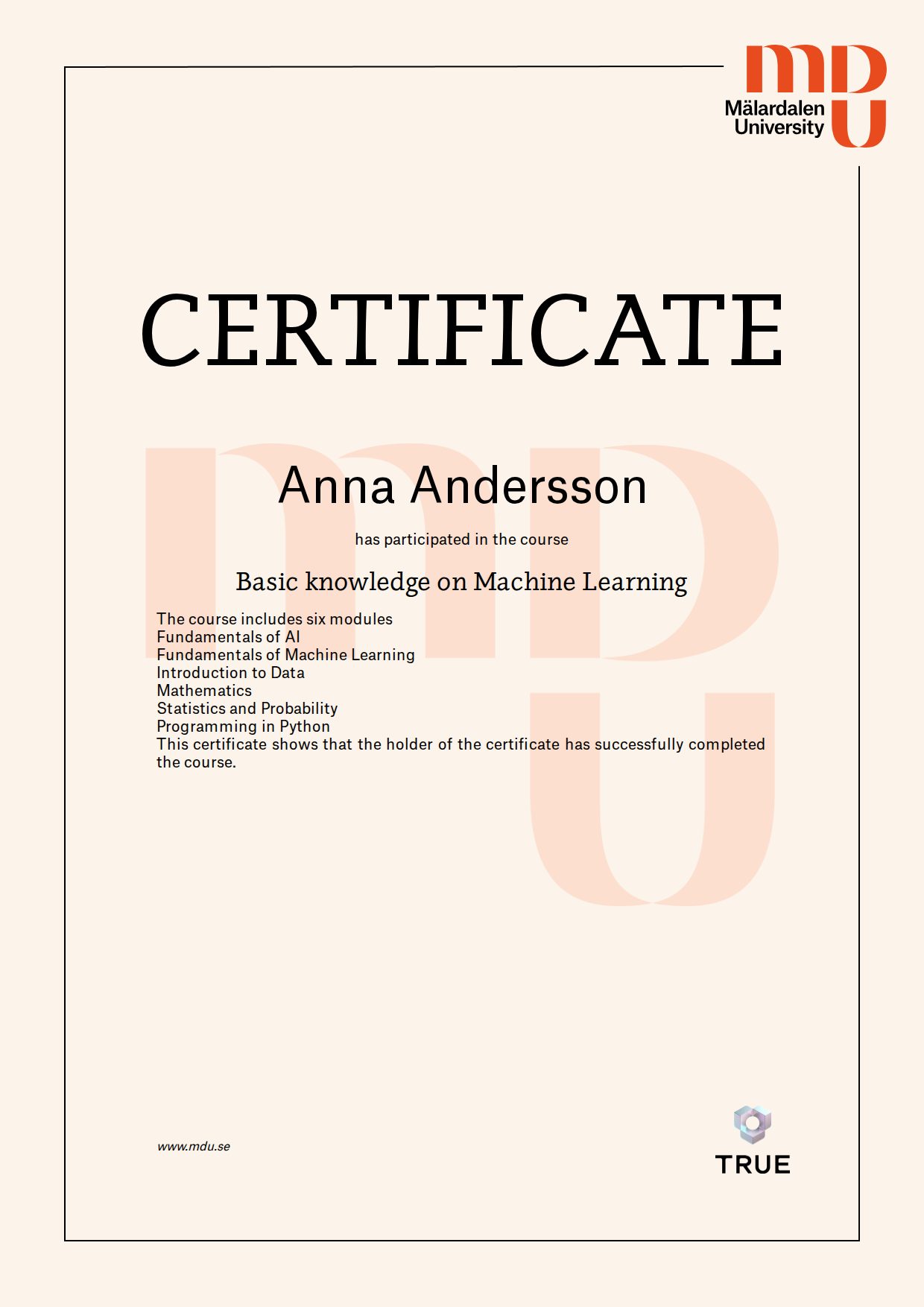 Example certificate for Basic knowledge on Machine Learning from Mälardalens universitet - MDU
