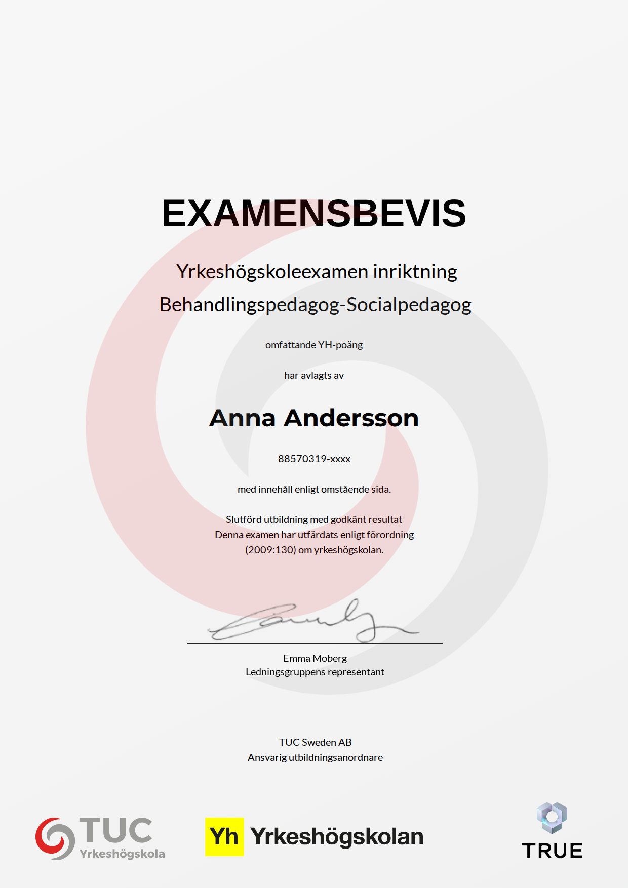Example certificate for Behandlingspedagog-Socialpedagog from TUC Yrkeshögskola
