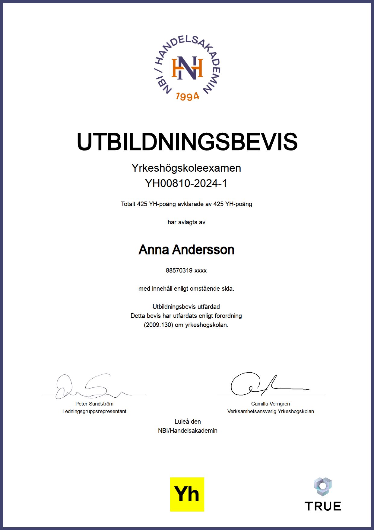 Exempel: diplom för Behörighets förberedande kurs i Programmering 1 från NBI/Handelsakademin