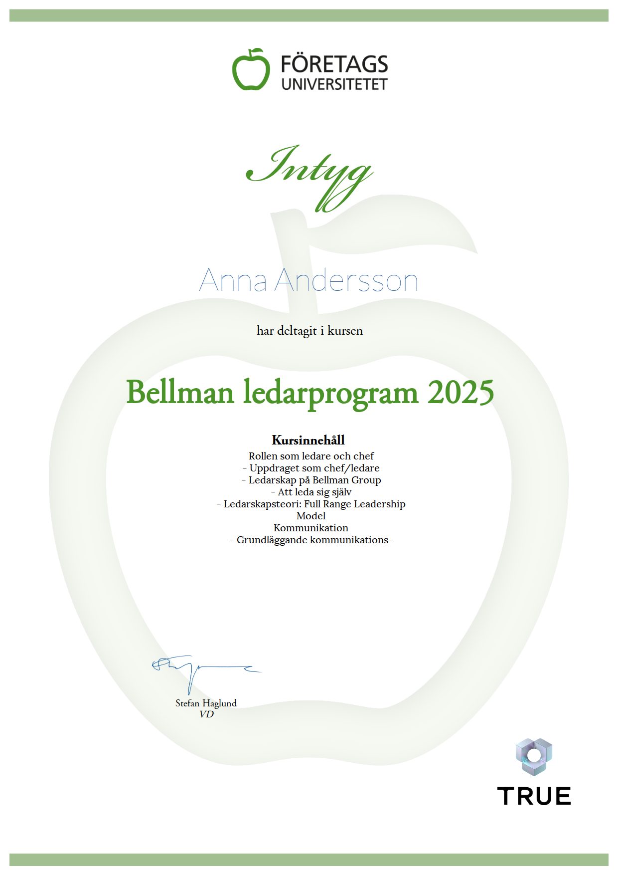 Example certificate for Bellman ledarprogram 2025 from Företagsuniversitetet