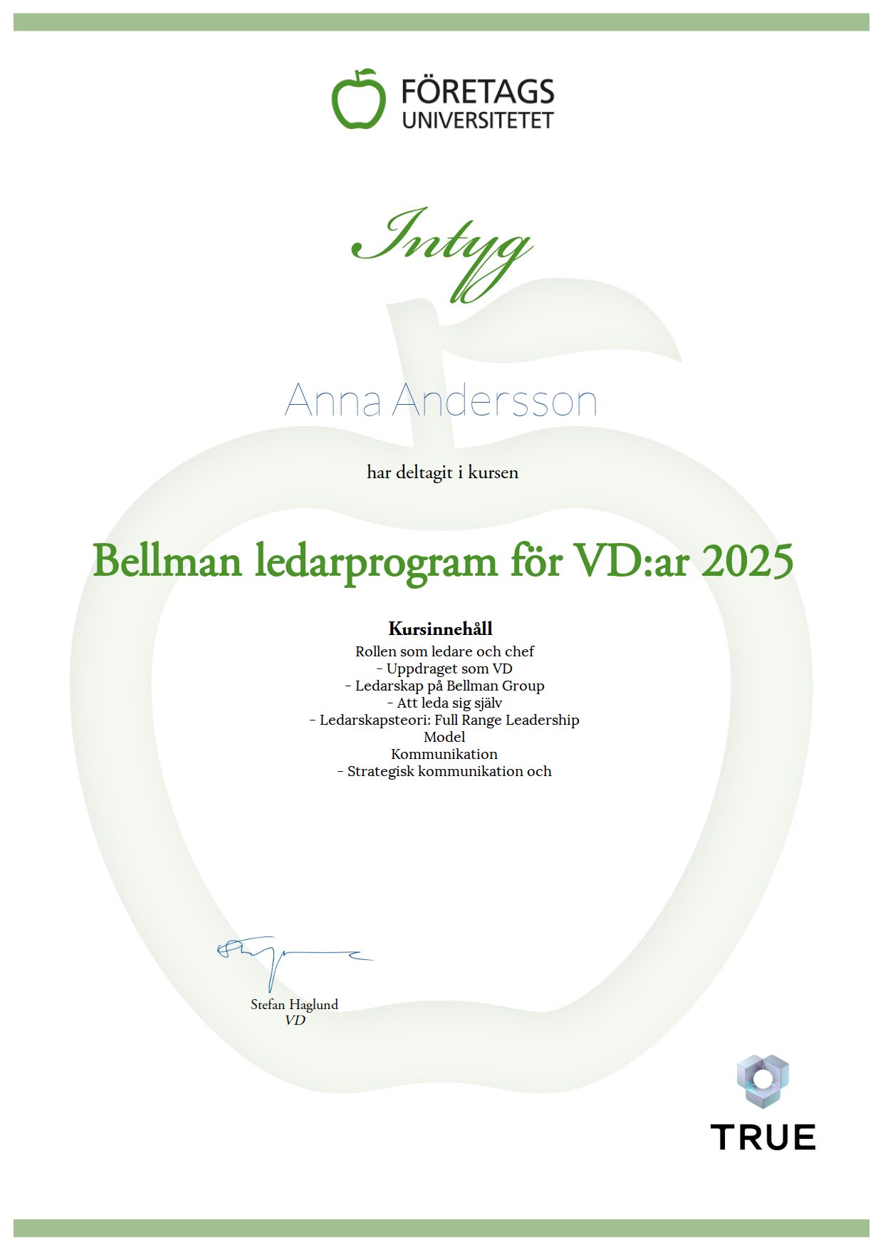 Example certificate for Bellman ledarprogram för VD:ar 2025 from Företagsuniversitetet