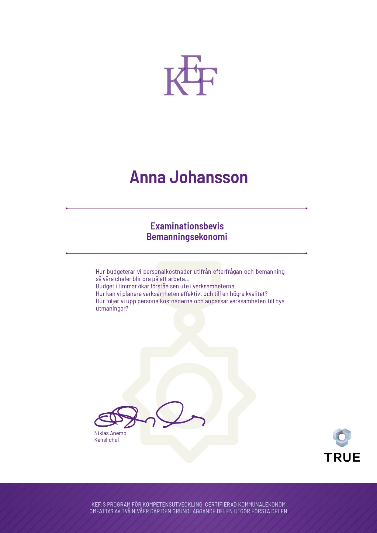 Exempel: diplom för Bemanningsekonomi från KEF - Kommualekonomernas förening