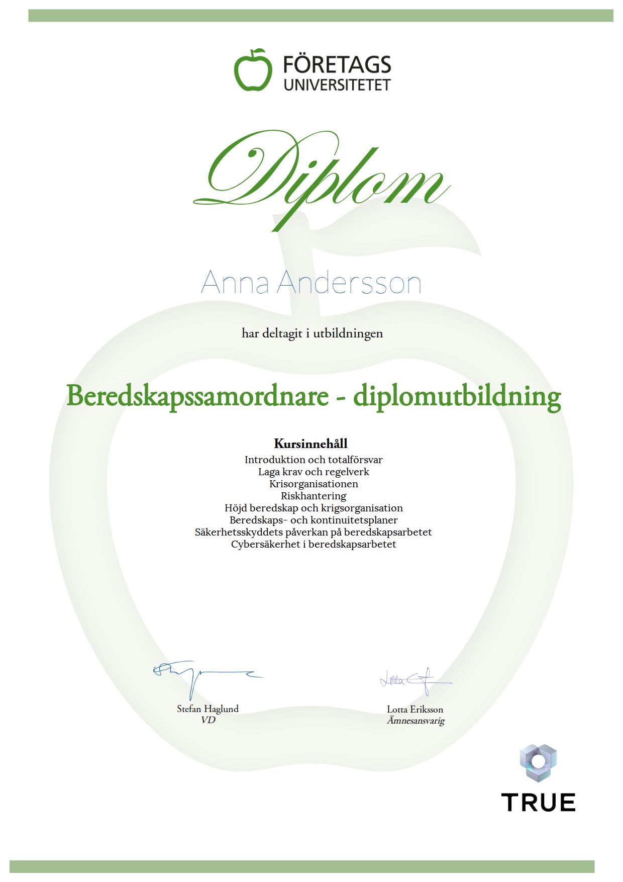 Exempel: diplom för Beredskapssamordnare - diplomutbildning från Företagsuniversitetet