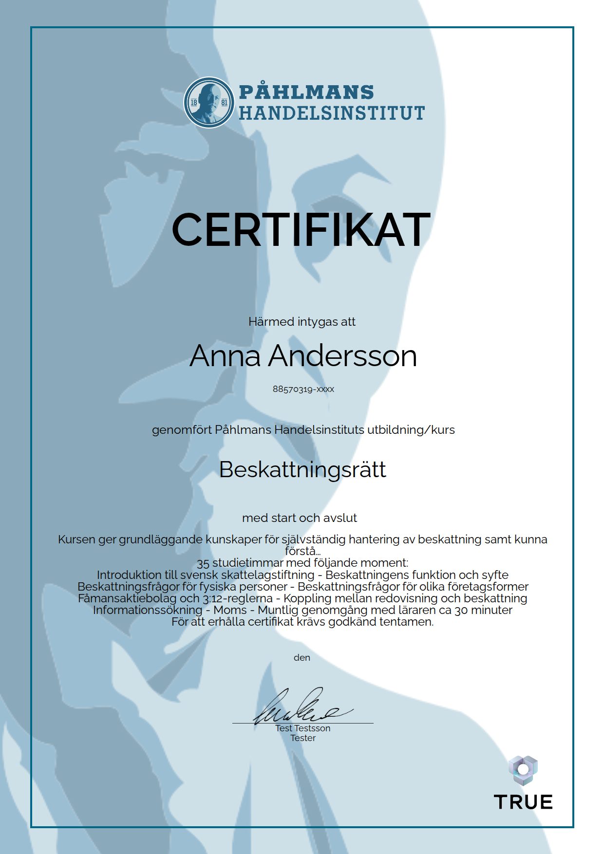 Example certificate for Beskattningsrätt from Medborgarskolan- Påhlmans