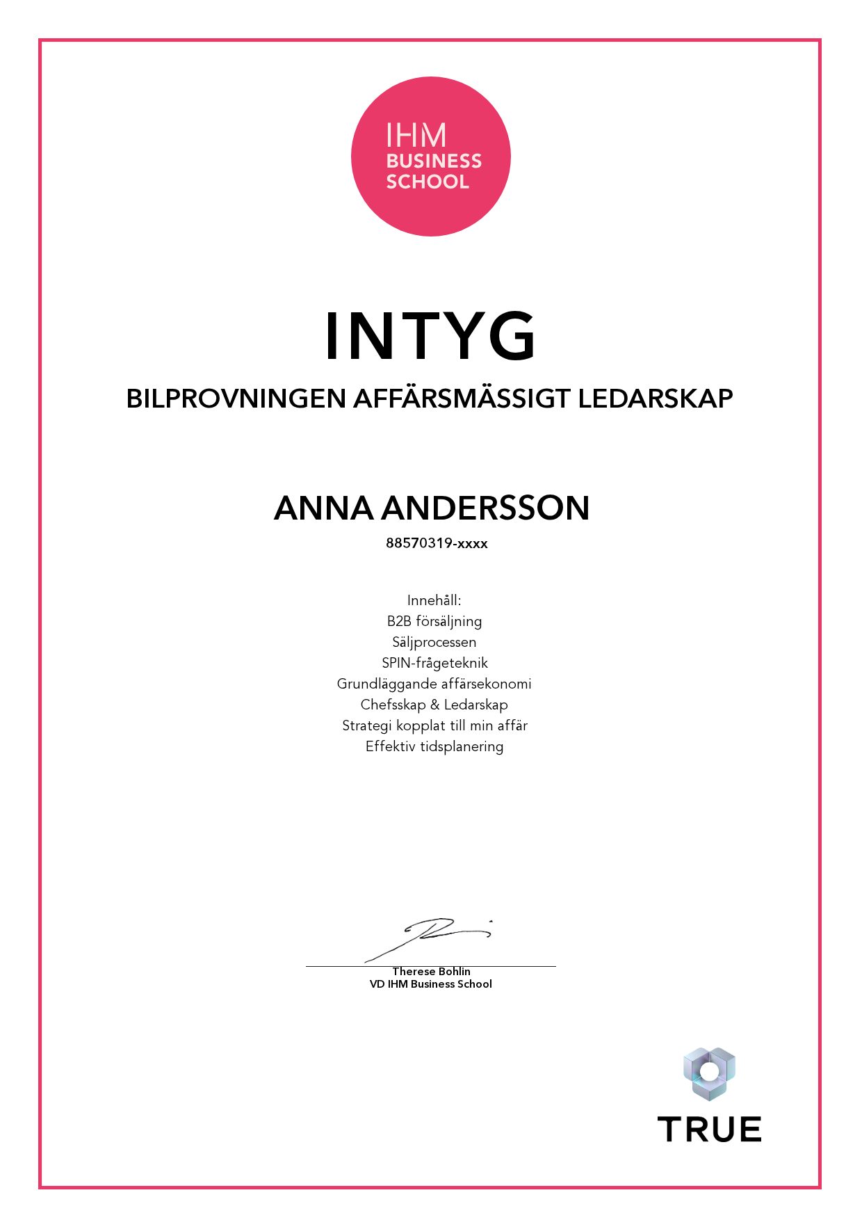 Exempel: diplom för Bilprovningen Affärsmässigt ledarskap från IHM Business School