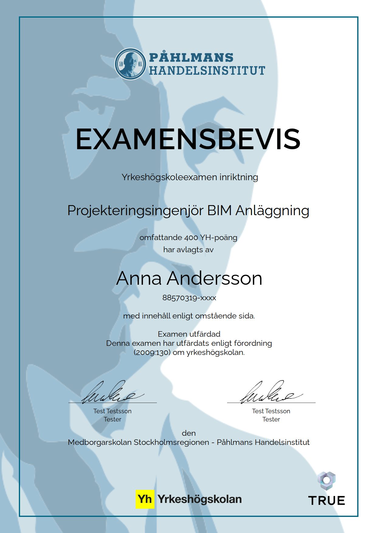 Example certificate for Projekteringsingenjör BIM Anläggning from Medborgarskolan- Påhlmans