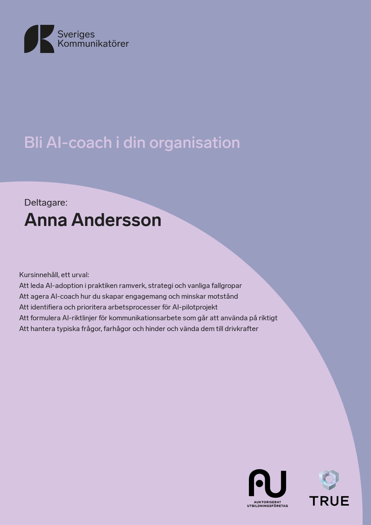 Exempel: diplom för Bli AI-coach i din organisation från Sveriges Kommunikatörer