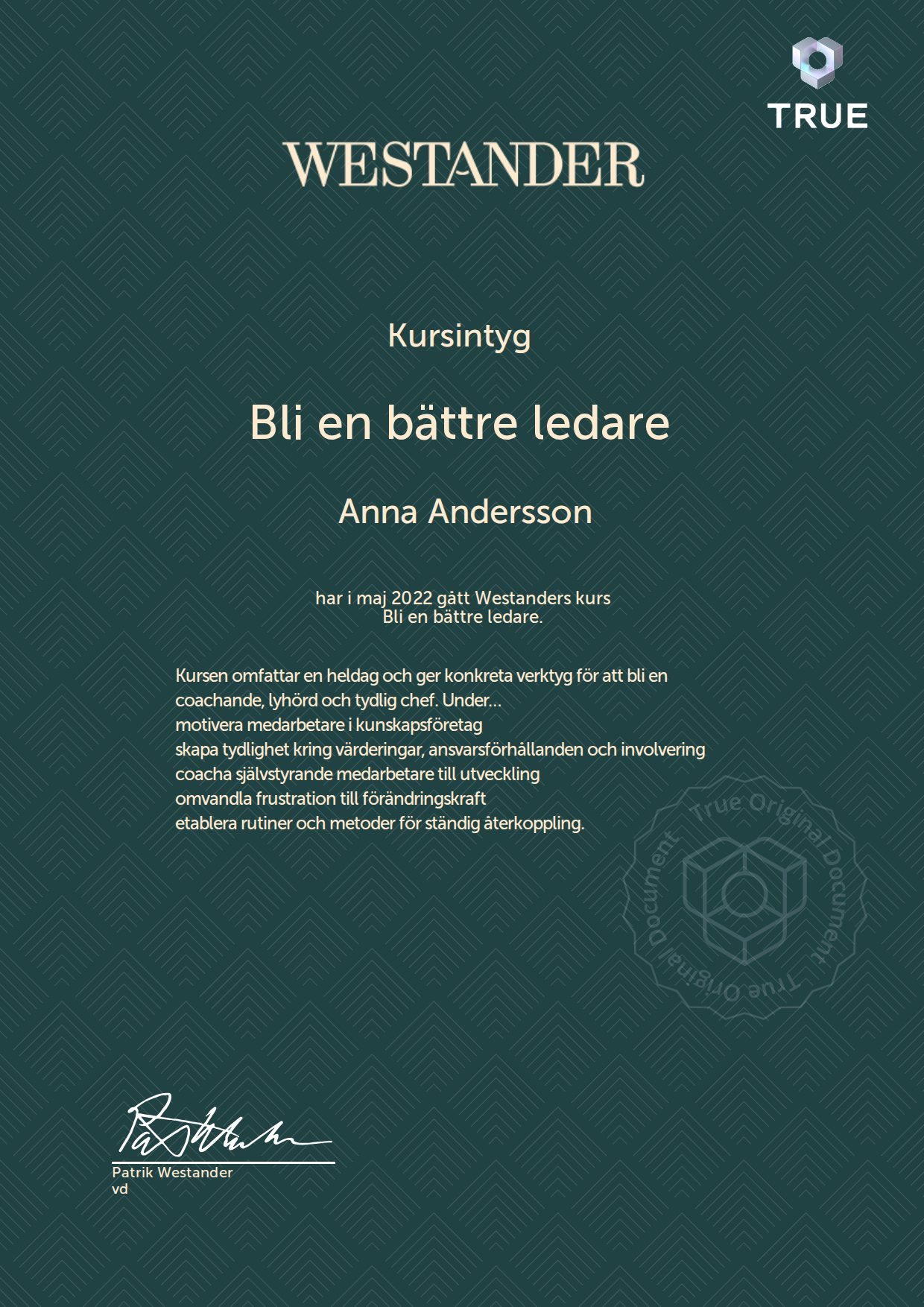 Exempel: diplom för Bli en bättre ledare från Westander PR Sverige AB