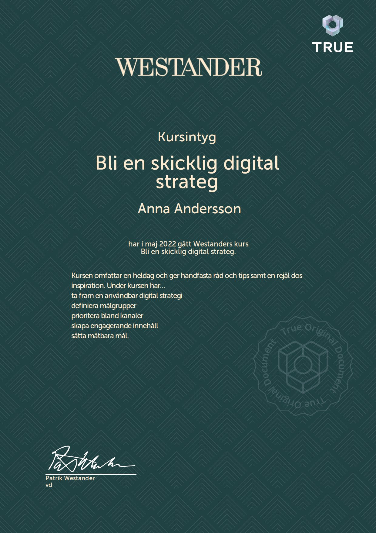 Exempel: diplom för Bli en skicklig digital strateg från Westander PR Sverige AB