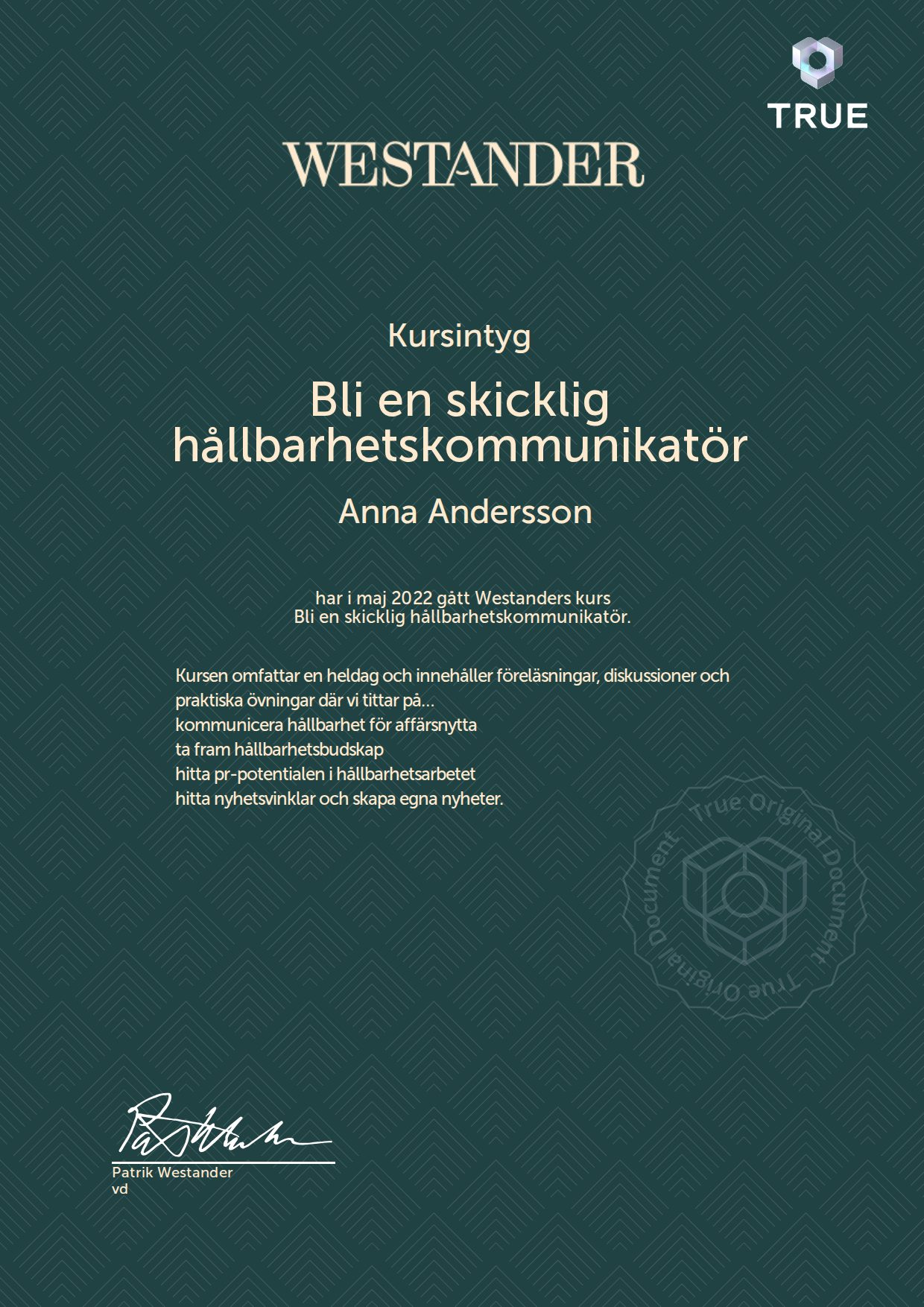 Exempel: diplom för Bli en skicklig hållbarhetskommunikatör från Westander PR Sverige AB