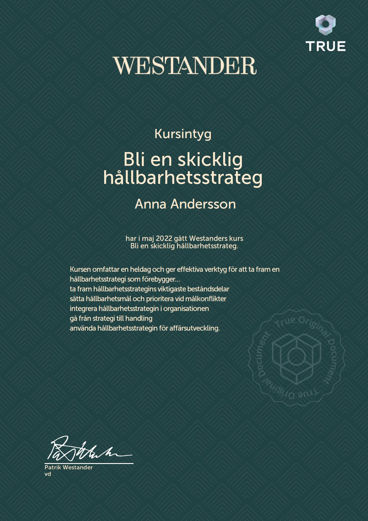 Exempel: diplom för Bli en skicklig hållbarhetsstrateg från Westander PR Sverige AB