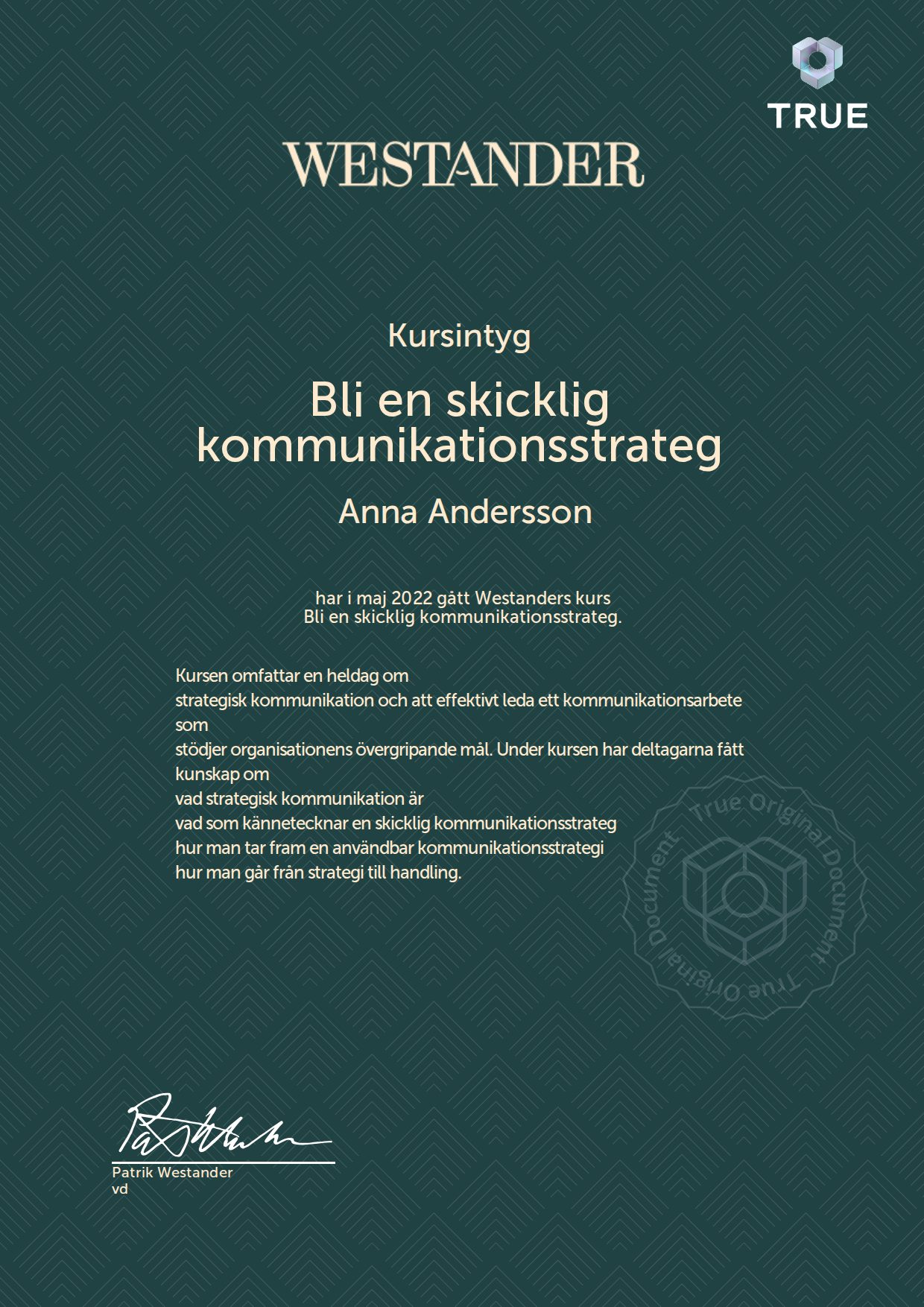 Exempel: diplom för Bli en skicklig kommunikationsstrateg från Westander PR Sverige AB