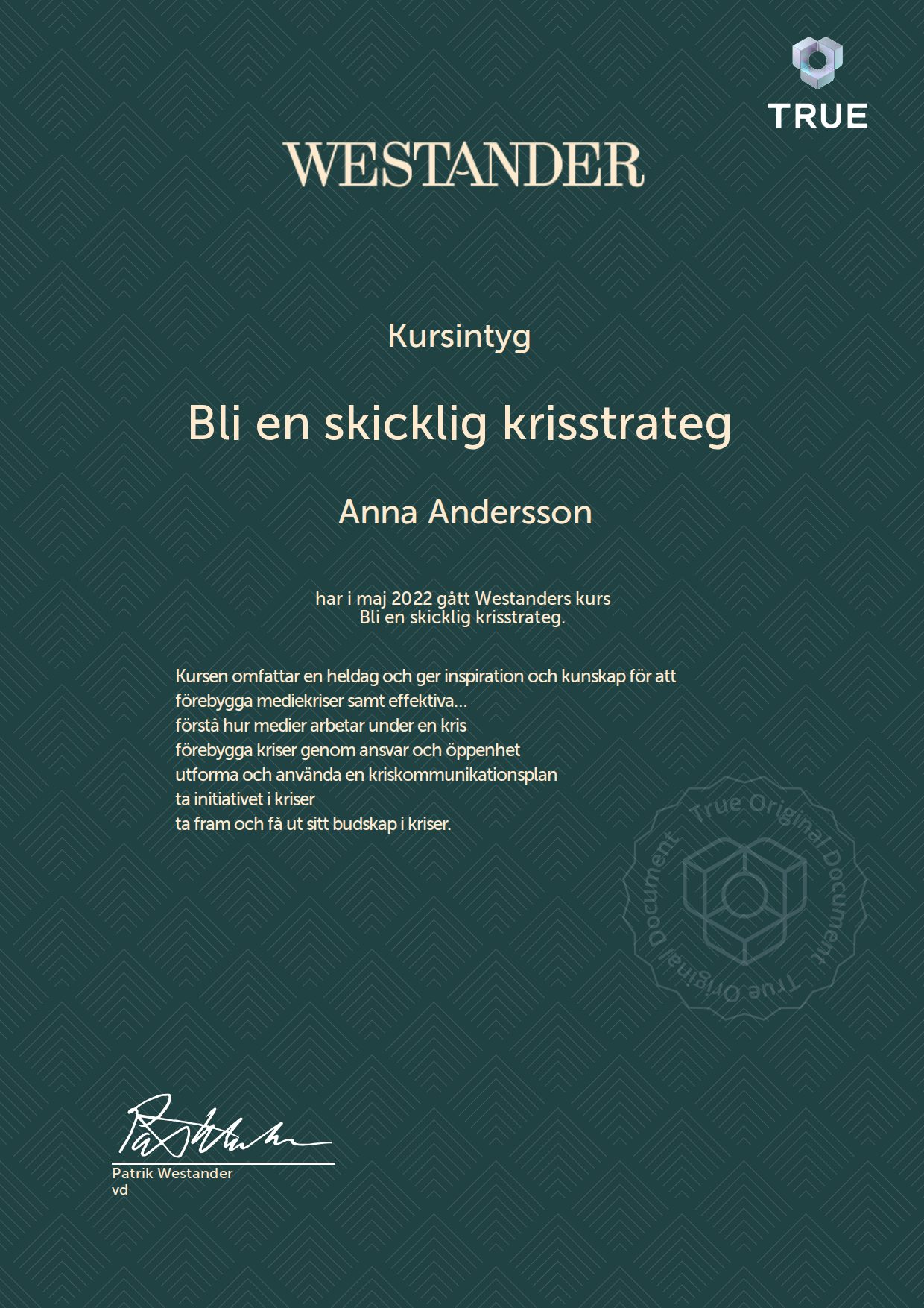Exempel: diplom för Bli en skicklig krisstrateg från Westander PR Sverige AB