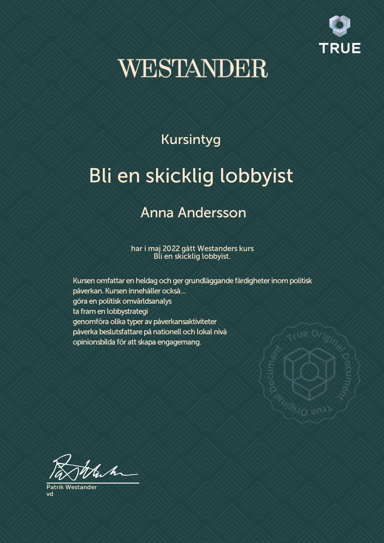 Exempel: diplom för Bli en skicklig lobbyist från Westander PR Sverige AB