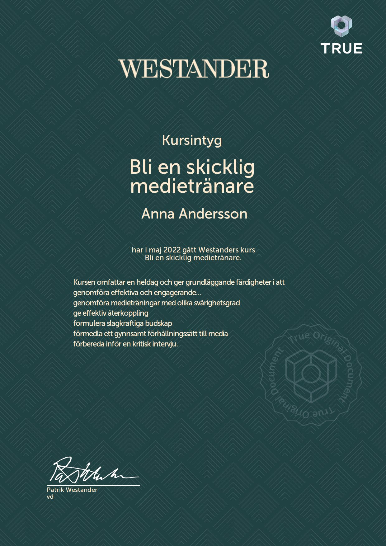 Exempel: diplom för Bli en skicklig medietränare från Westander PR Sverige AB