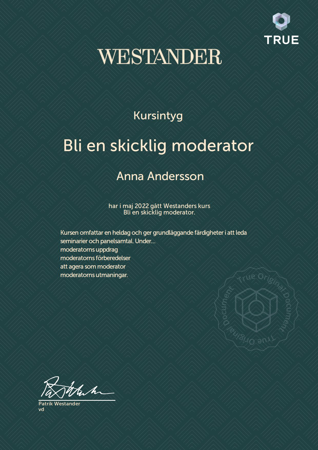 Exempel: diplom för Bli en skicklig moderator från Westander PR Sverige AB
