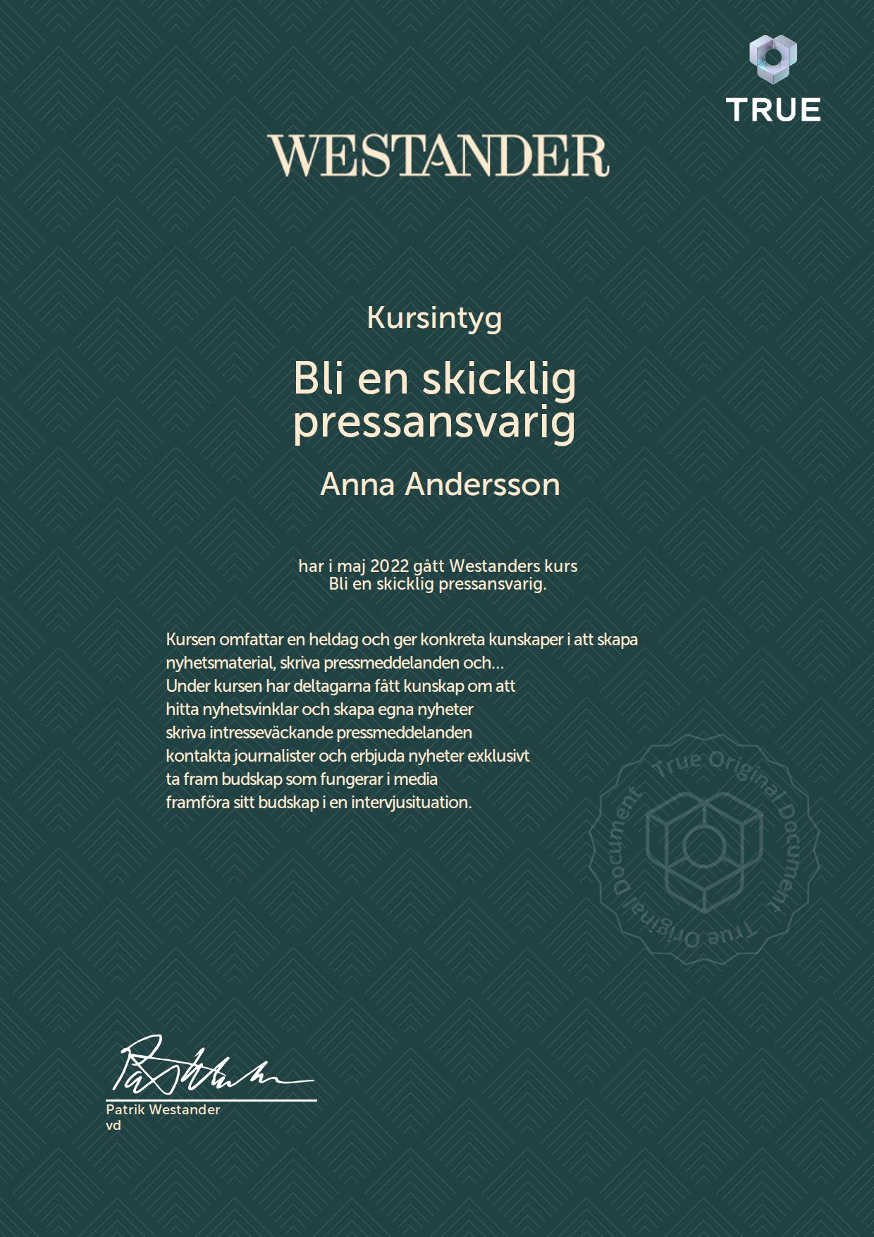 Exempel: diplom för Bli en skicklig pressansvarig från Westander PR Sverige AB