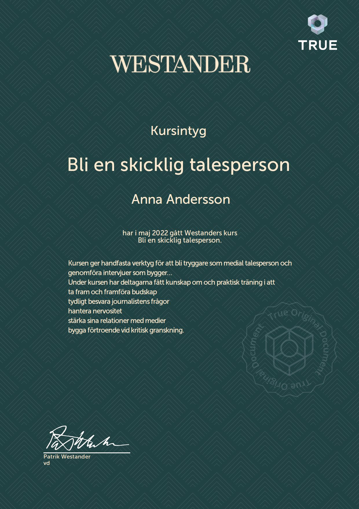 Exempel: diplom för Bli en skicklig talesperson från Westander PR Sverige AB