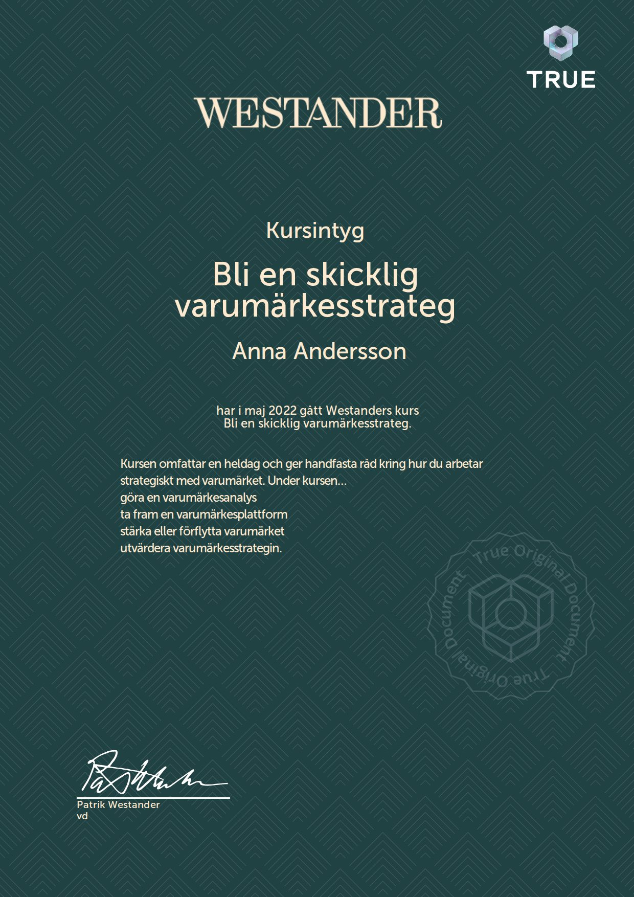 Exempel: diplom för Bli en skicklig varumärkesstrateg från Westander PR Sverige AB