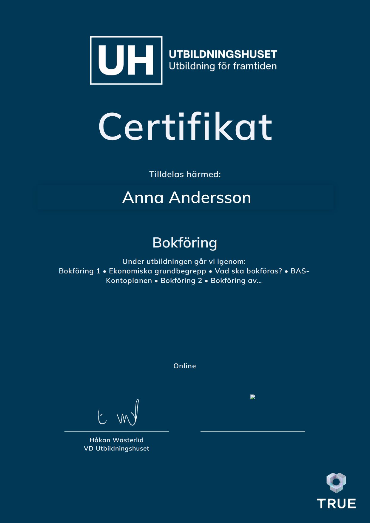 Exempel: diplom för Bokföring från Education Online