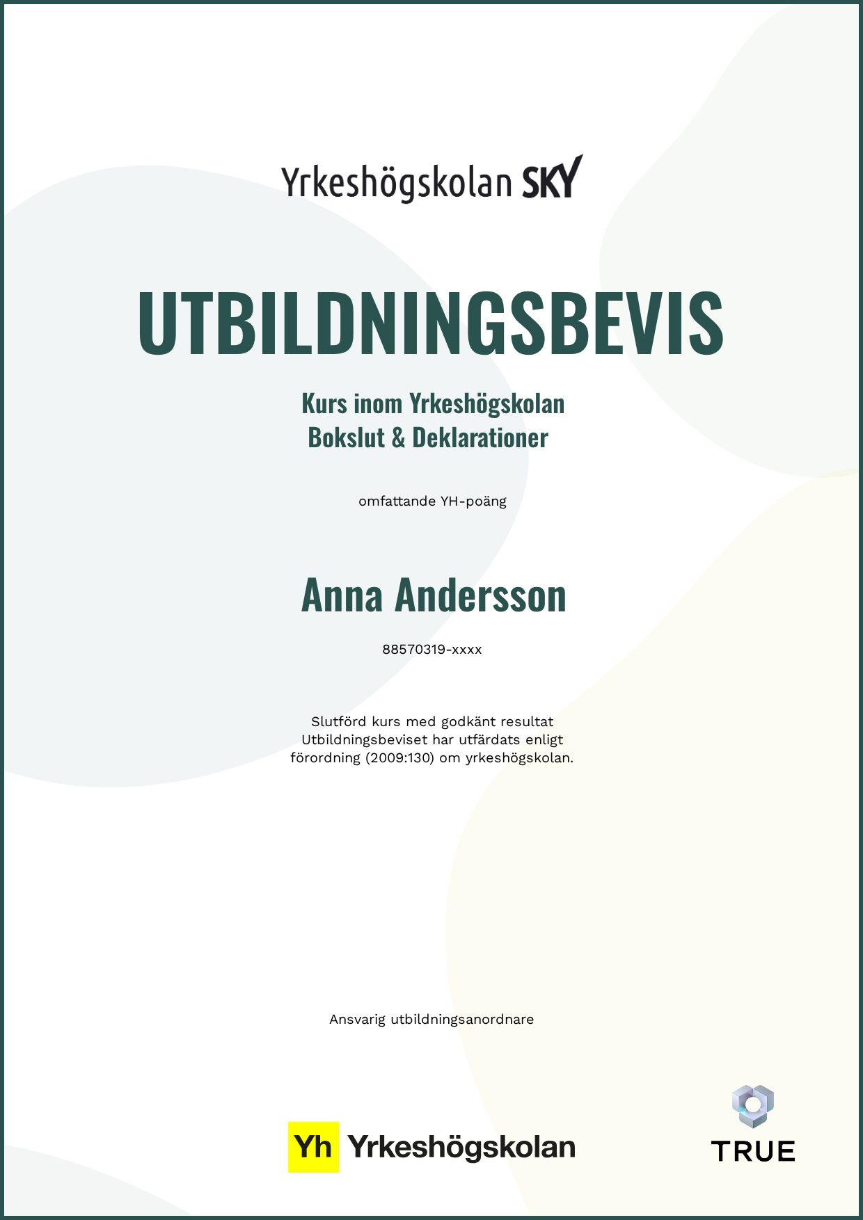 Exempel: diplom för Bokslut & Deklarationer från Yrkeshögskolan SKY