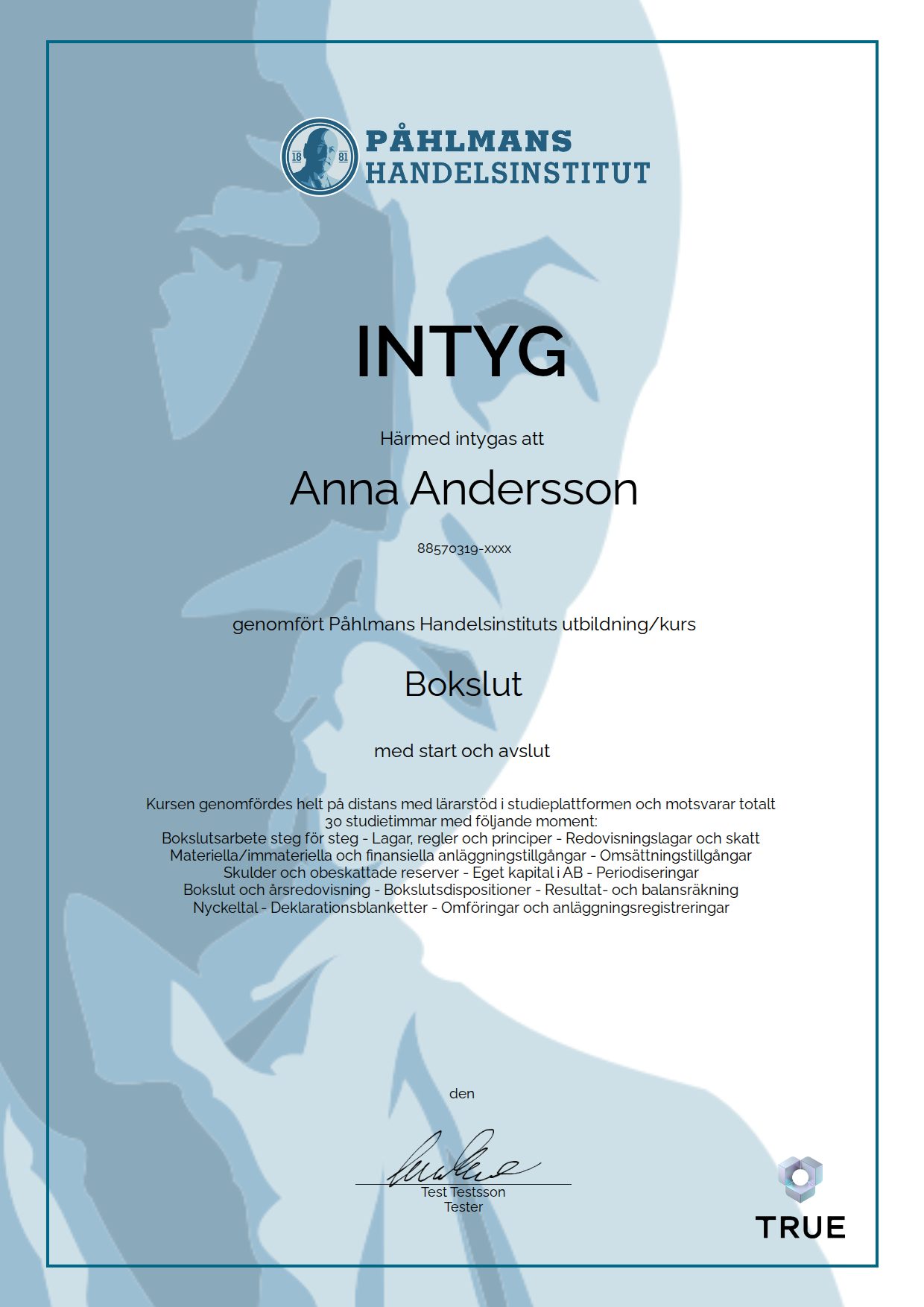 Example certificate for Bokslut from Medborgarskolan- Påhlmans