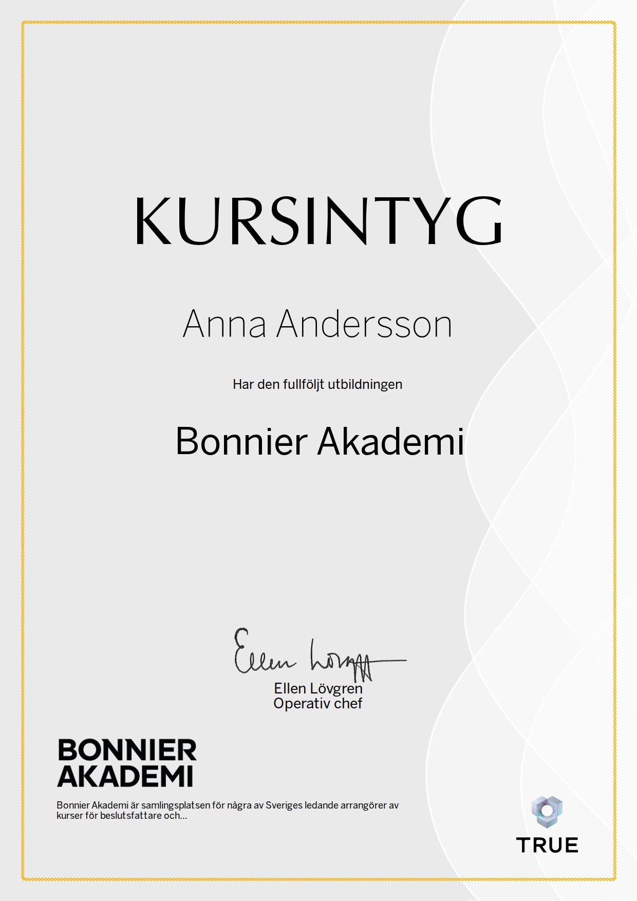 Exempel: diplom för Bonnier Akademi från Bonnier Akademi