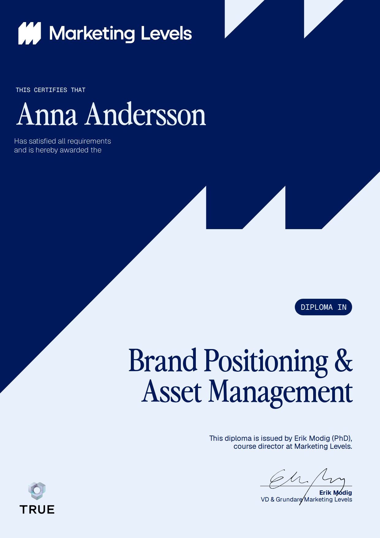 Exempel: diplom för Brand Positioning & Asset Management från Marketing Levels Sweden AB