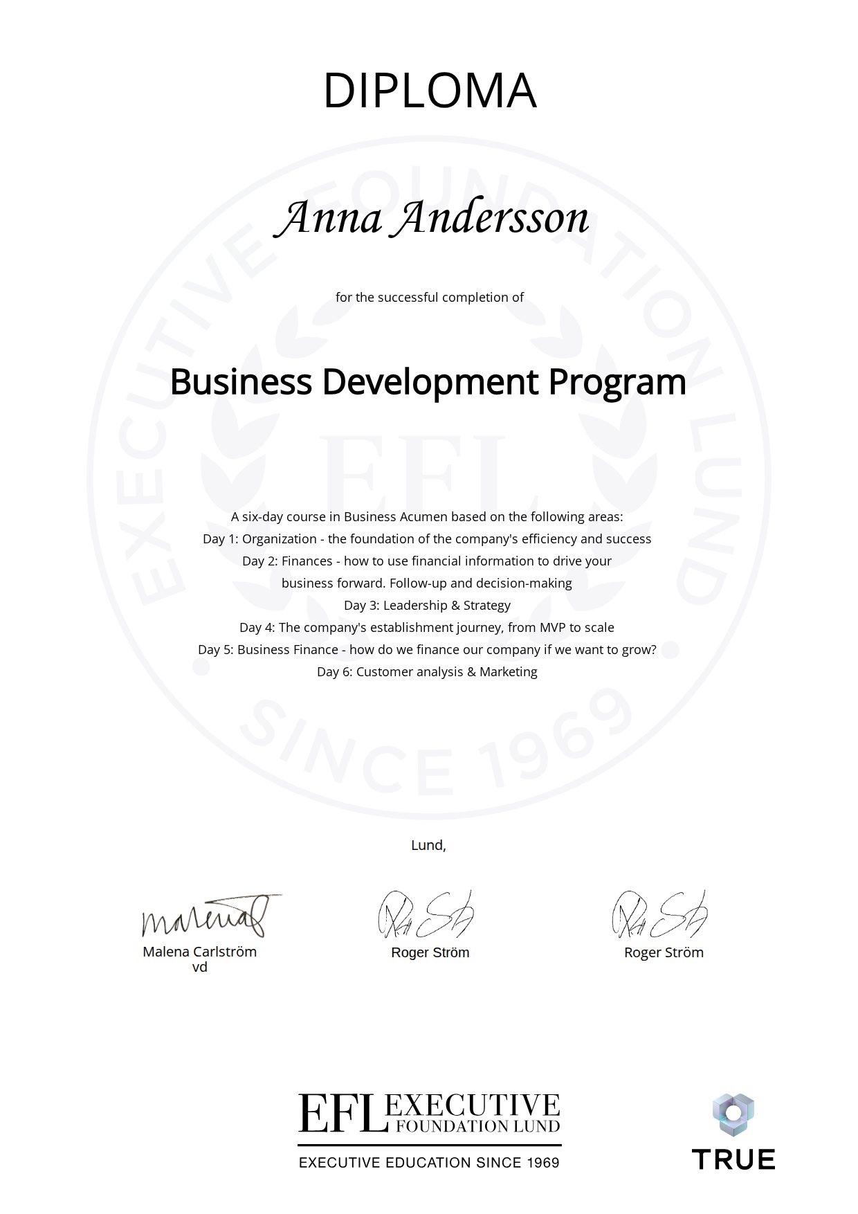 Example certificate for Business Development Program from EFL Executive Education