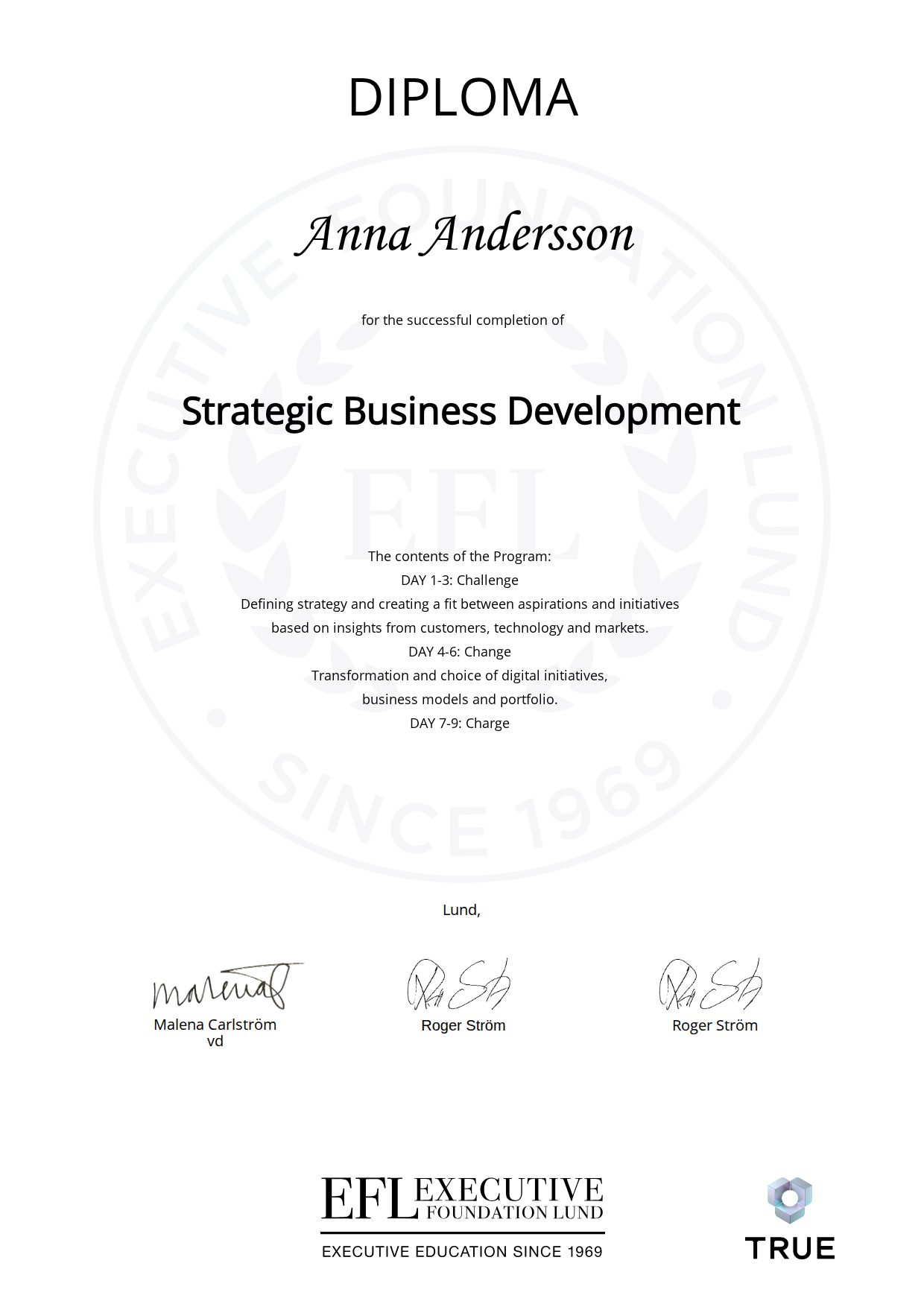 Exempel: diplom för Strategic Business Development från EFL Executive Education