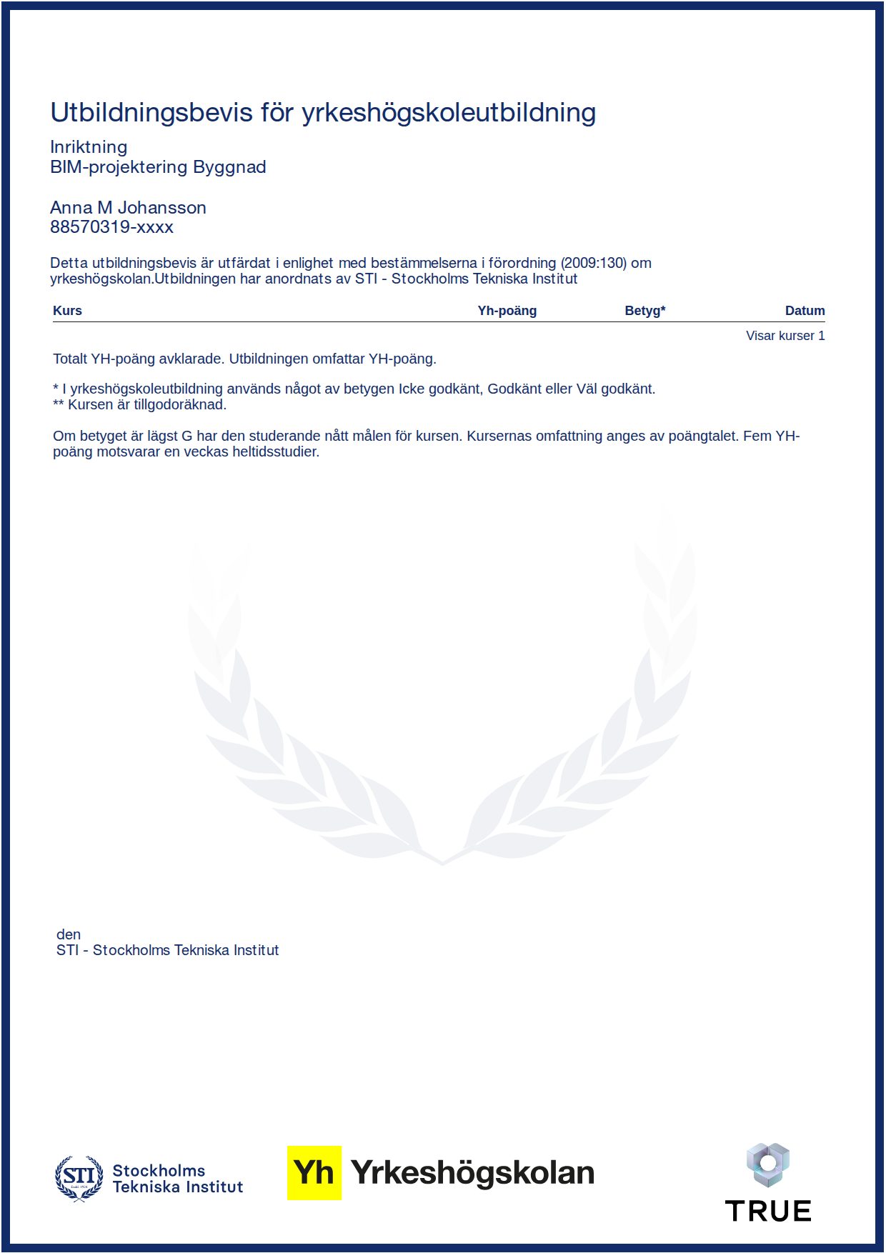 Example certificate for BIM-projektering Byggnad from STI - Stockholms Tekniska Institut