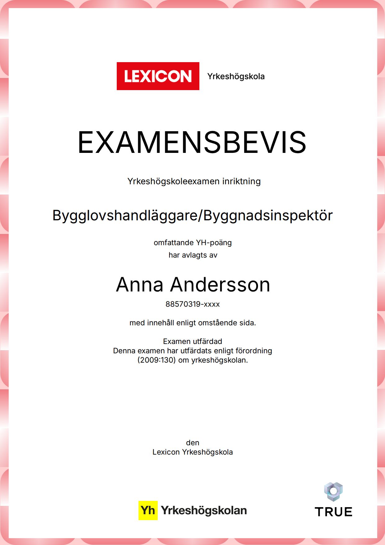 Exempel: diplom för Bygglovshandläggare/Byggnadsinspektör från Lexicon Yrkeshögskola