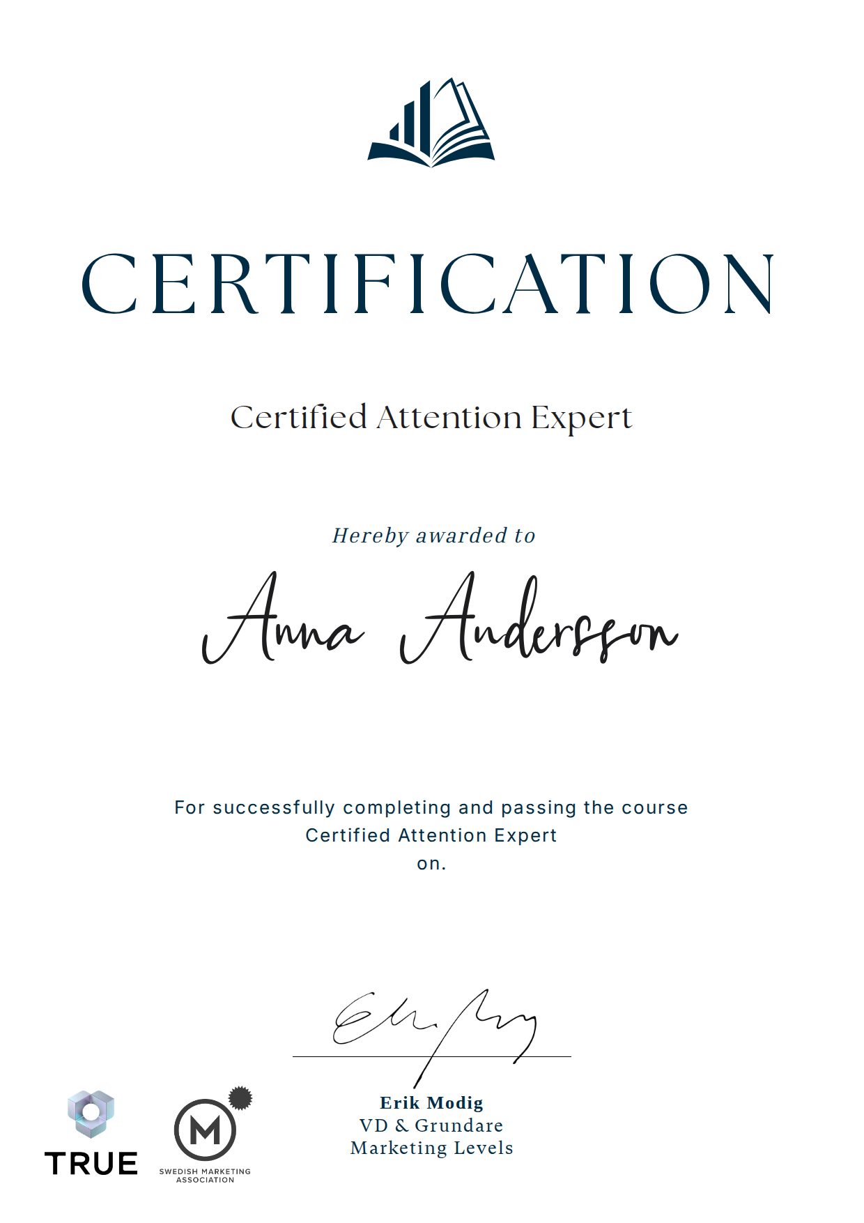 Exempel: diplom för Certified Attention Expert från Marketing Levels Sweden AB