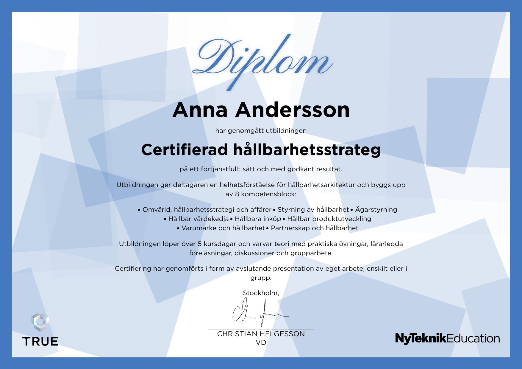 Exempel: diplom för Carbon Border Adjustment Mechanism från Ny Teknik Education