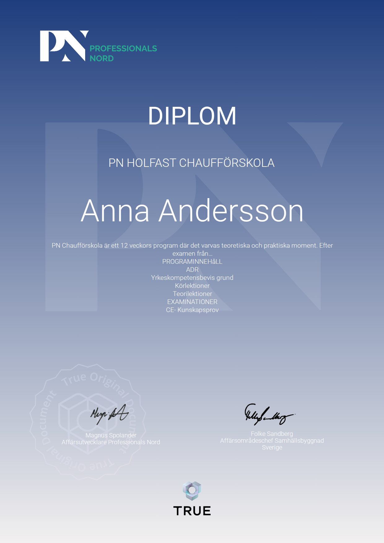 Exempel: diplom för PN Holfast Chaufförskola från Satellite Group / Professionals Nord