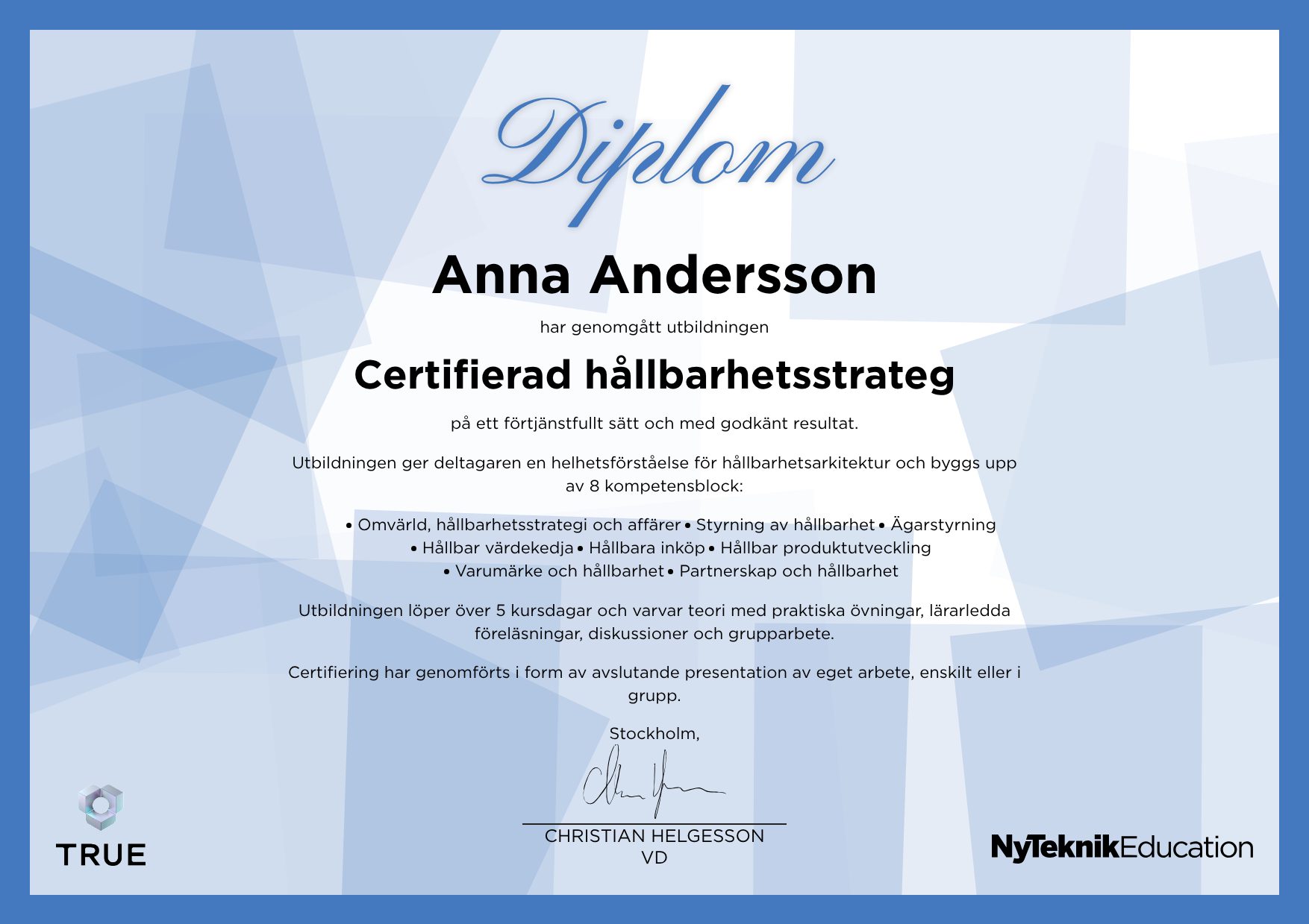 Exempel: diplom för Certifierad AML Specialist från Ny Teknik Education